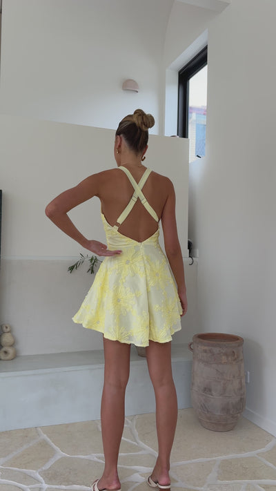 Load and play video in Gallery viewer, Zaidin Mini Dress - Yellow Floral - Billy J
