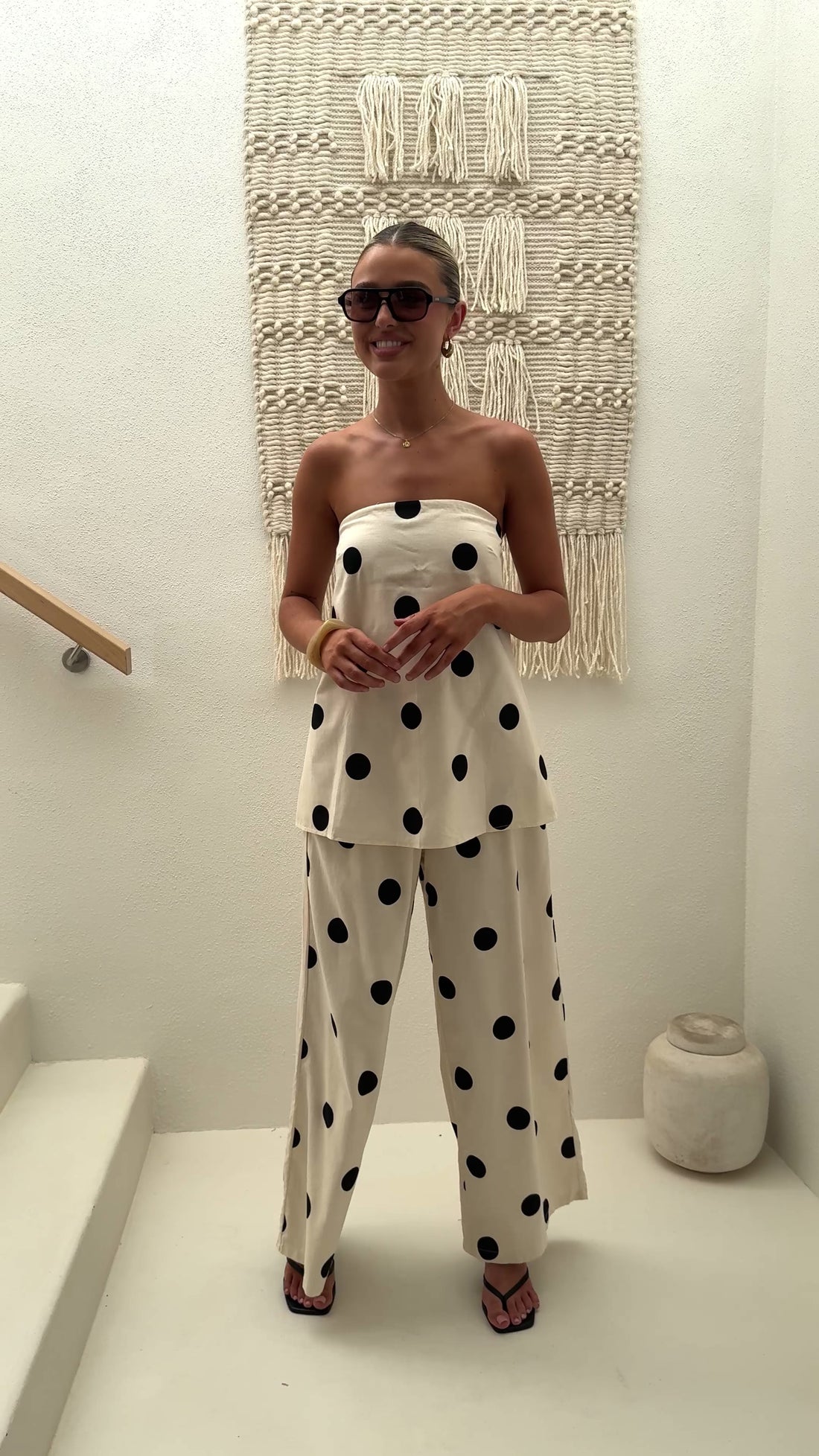 Hazelle Strapless Top - Beige/Black Polka Dot - Billy J