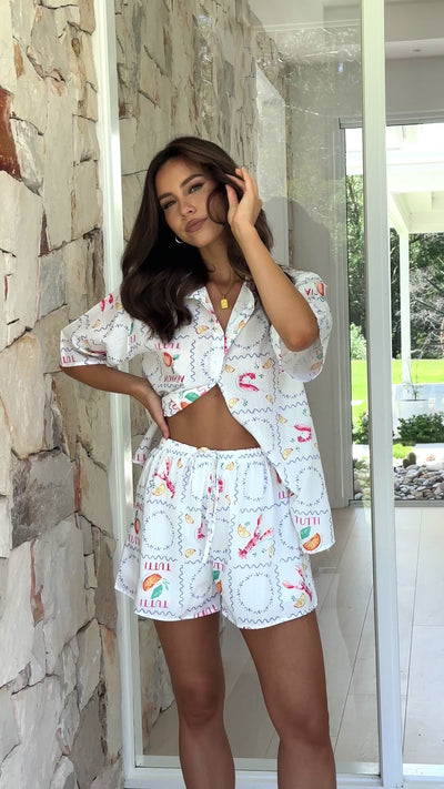Load and play video in Gallery viewer, Charli Button Up Shirt and Shorts Set - White Lemons
