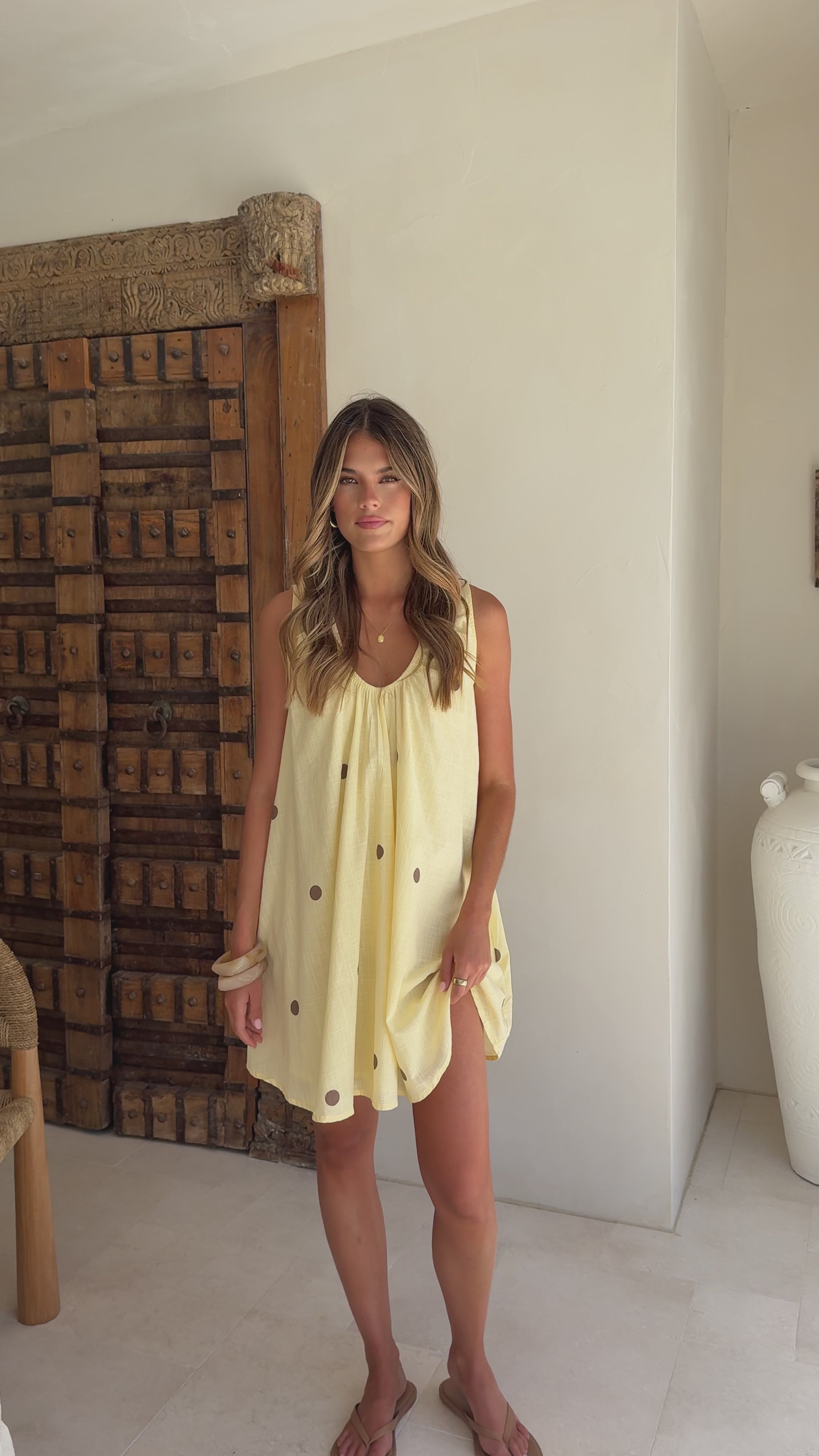 Load video: Alaya Mini Dress - Yellow/Chocolate Polka - Billy J