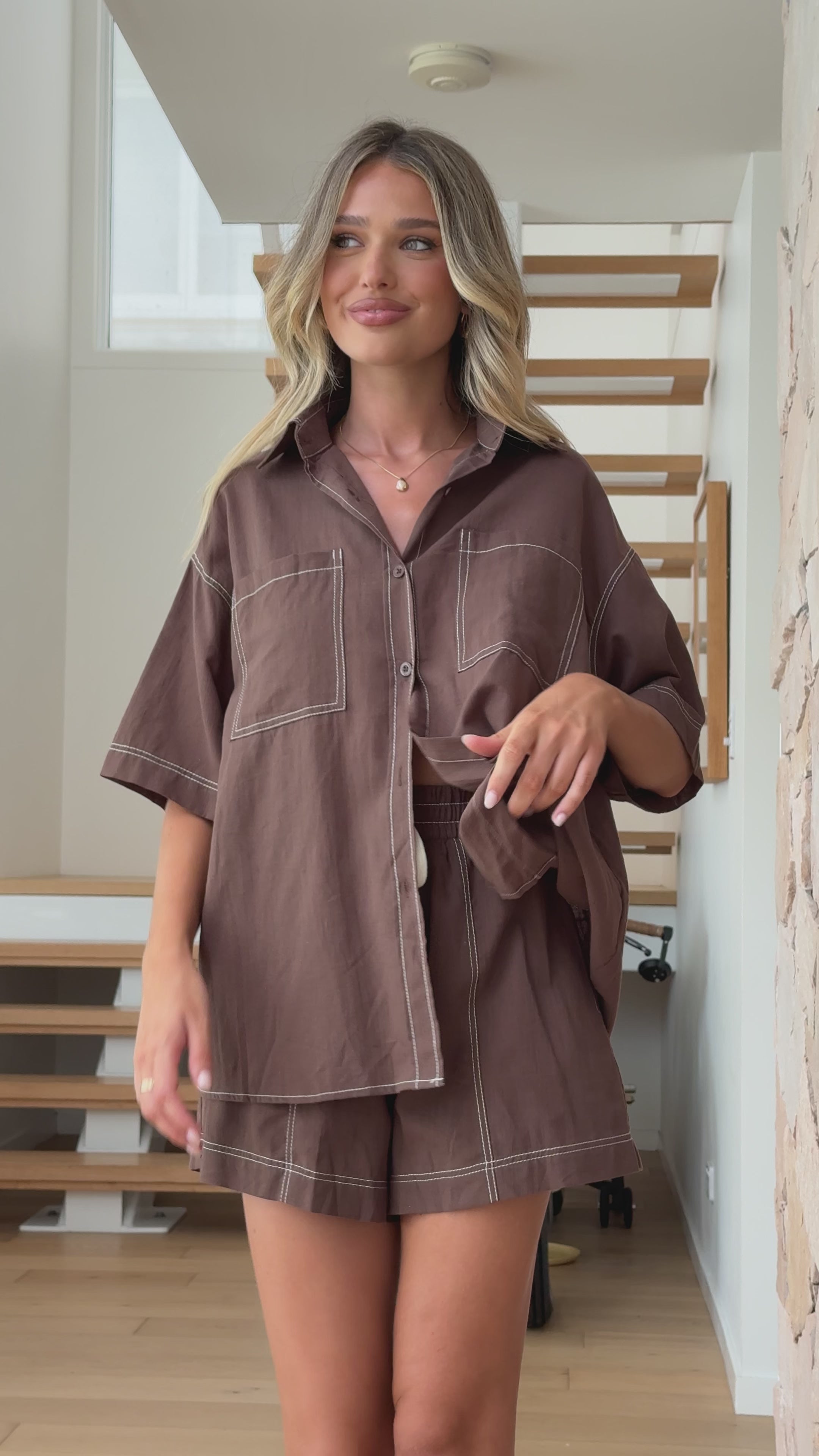 Load video: Sarafina Button Up Shirt and Shorts Set - Chocolate - Billy J