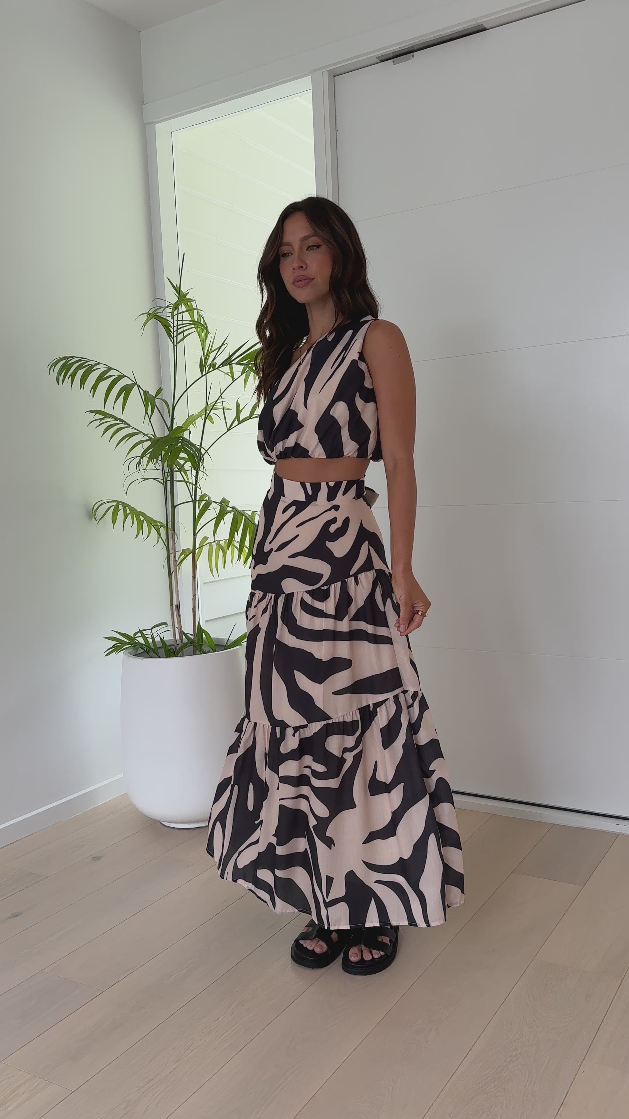 Lahoma Crop and Maxi Skirt Set - Black / Beige Zebra