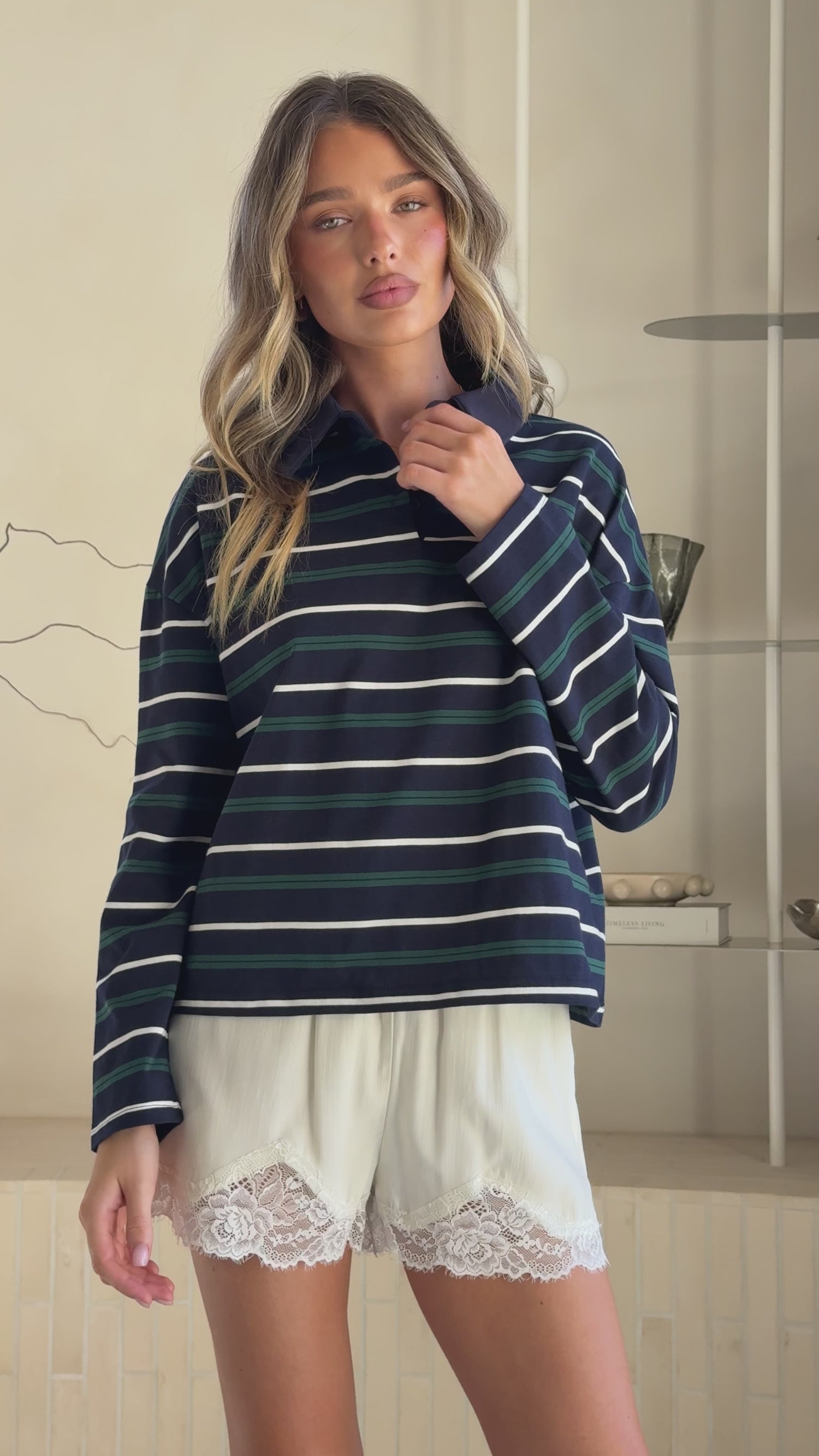 Isha Collared Long Sleeve Top - Navy Stripe - Billy J