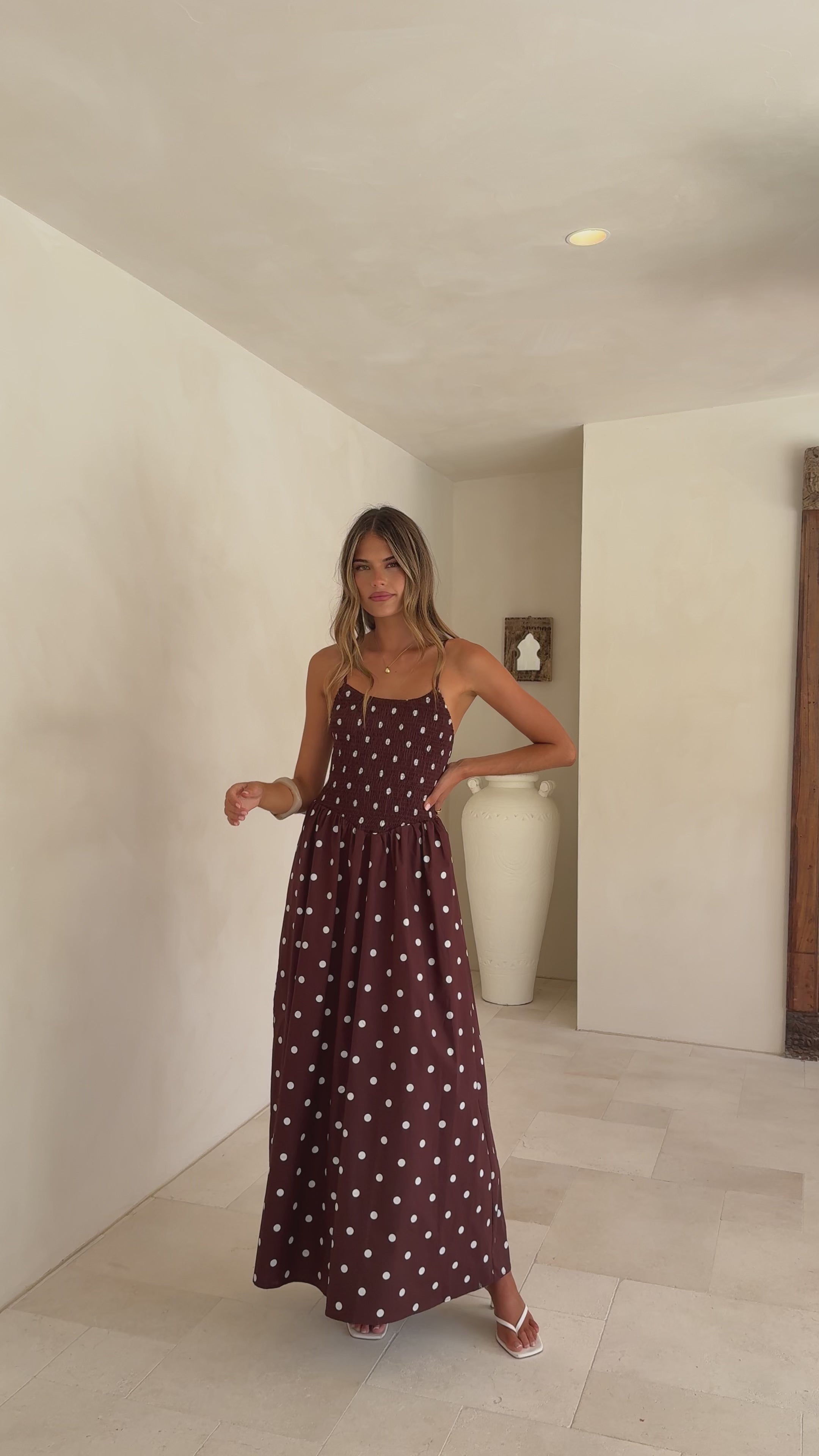 Load video: Gena Maxi Dress - Chocolate Polka - Billy J