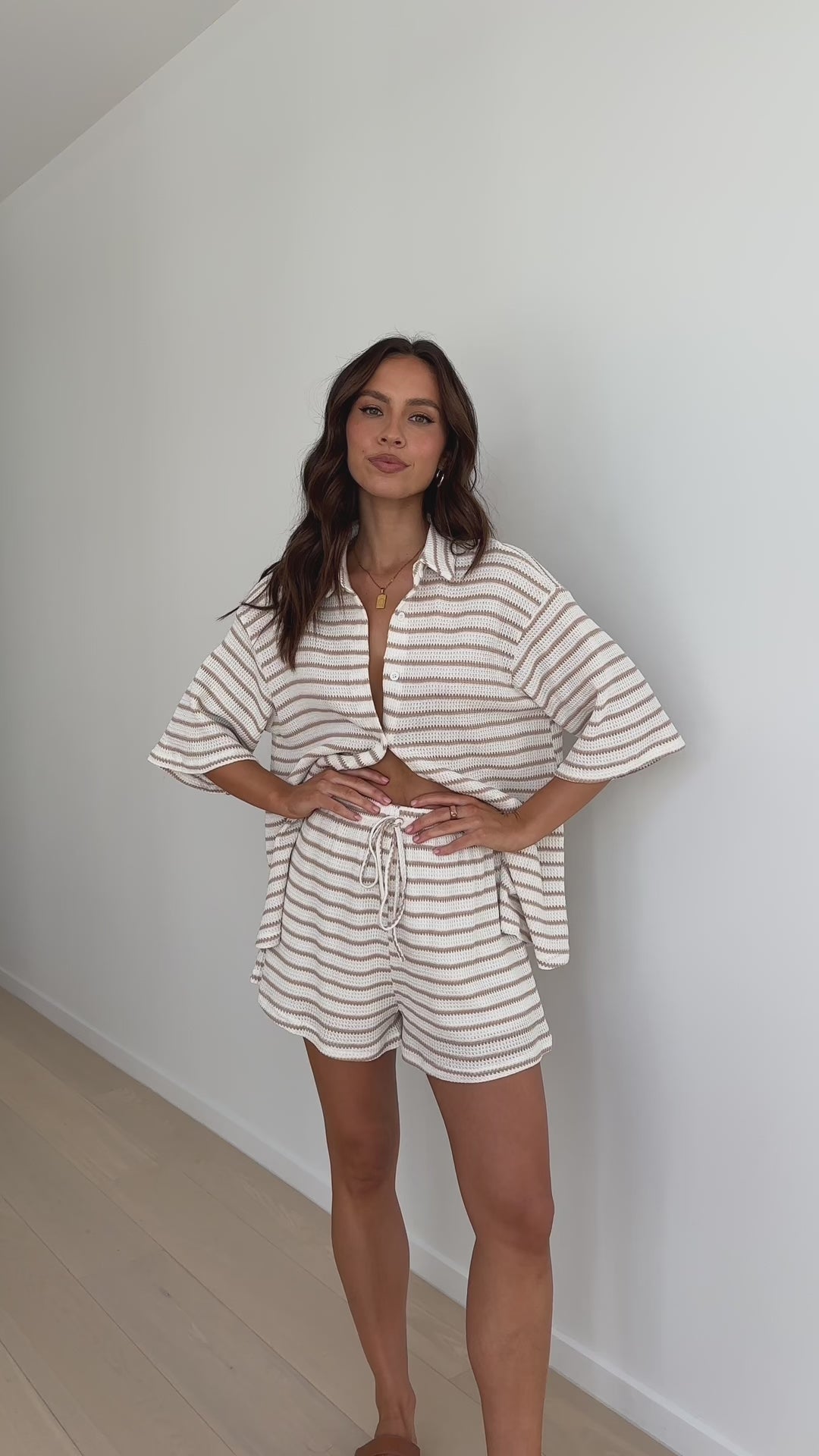 Lacole Button Up Shirt and Shorts Set - White / Beige Stripe