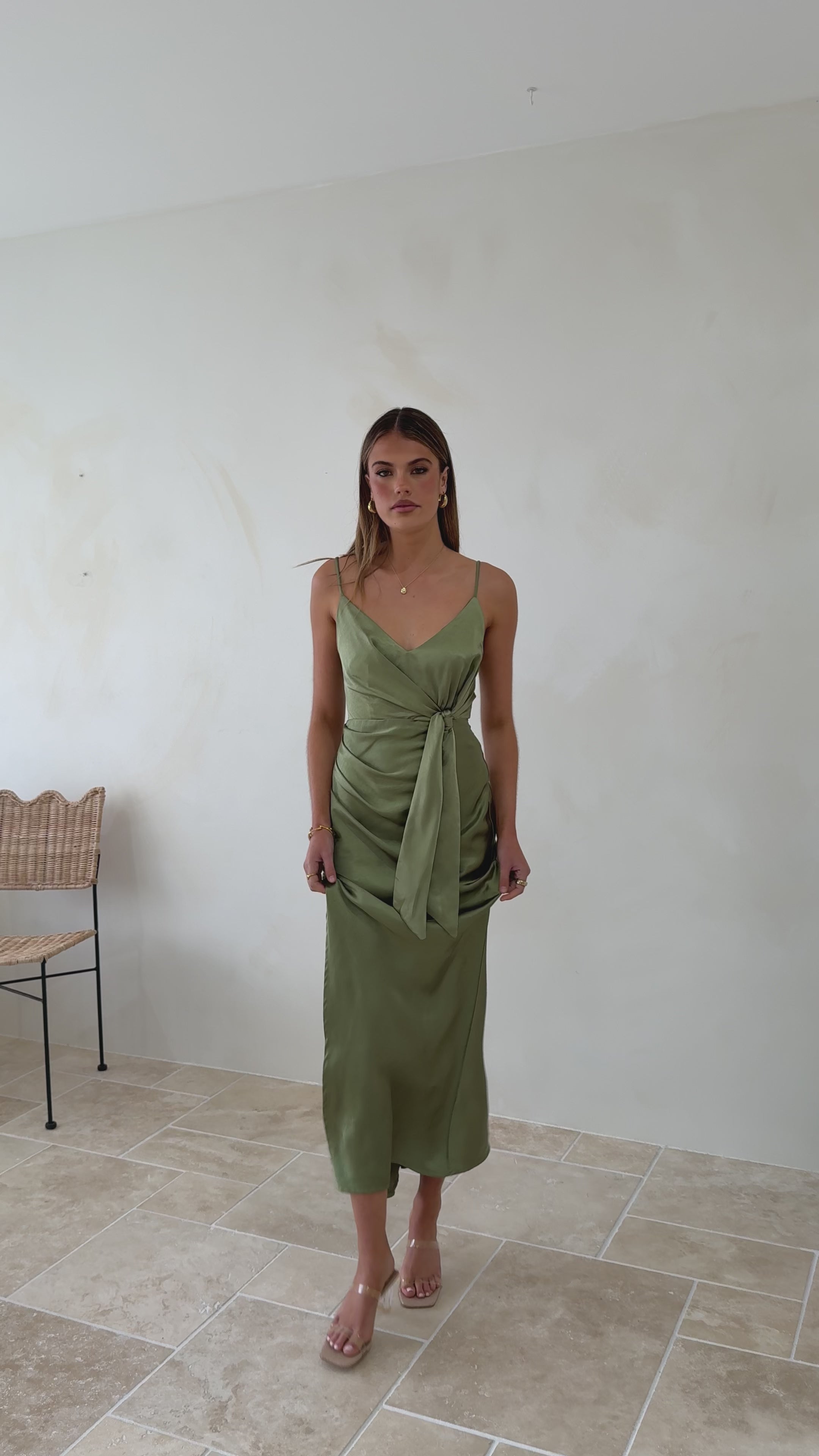 Load video: Yasmeen Tie Front Maxi Dress - Olive - Billy J