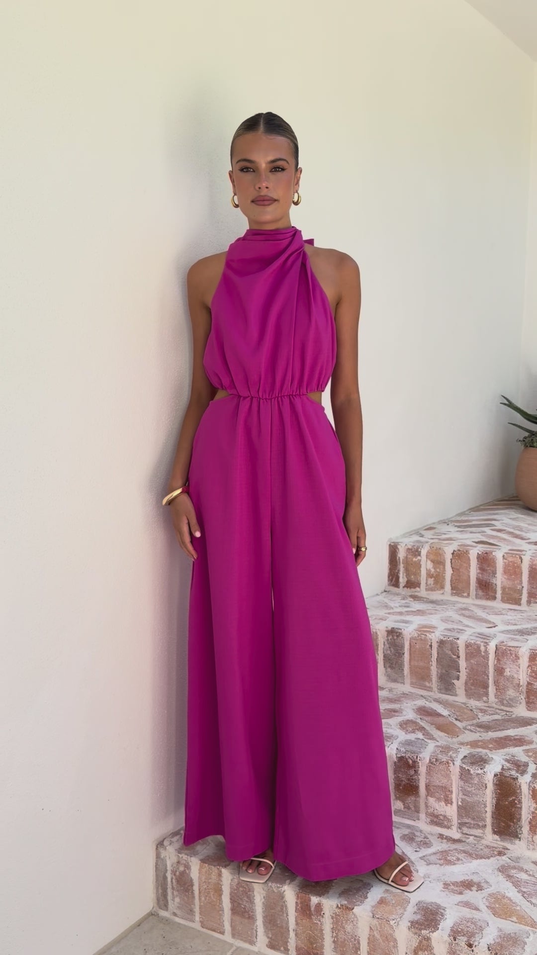 Load video: Lara Halter Neck Wide Leg Jumpsuit - Pink - Billy J