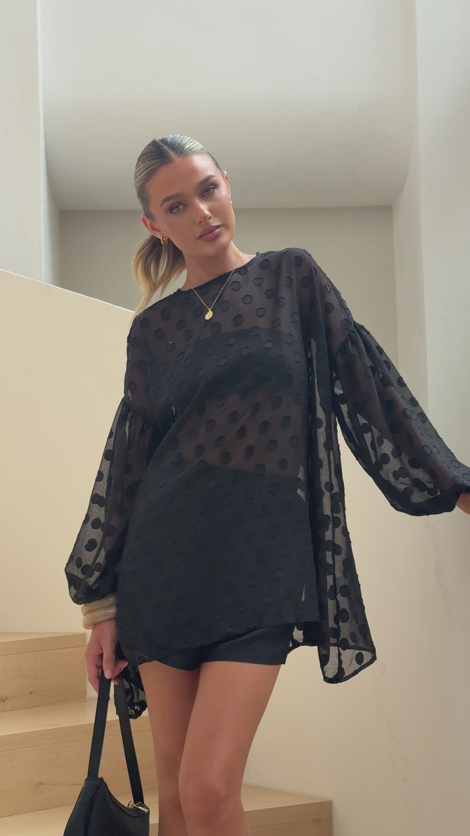 Kathleen Long Sleeve Semi Sheer Top and Shorts Set - Black Spot - Billy J