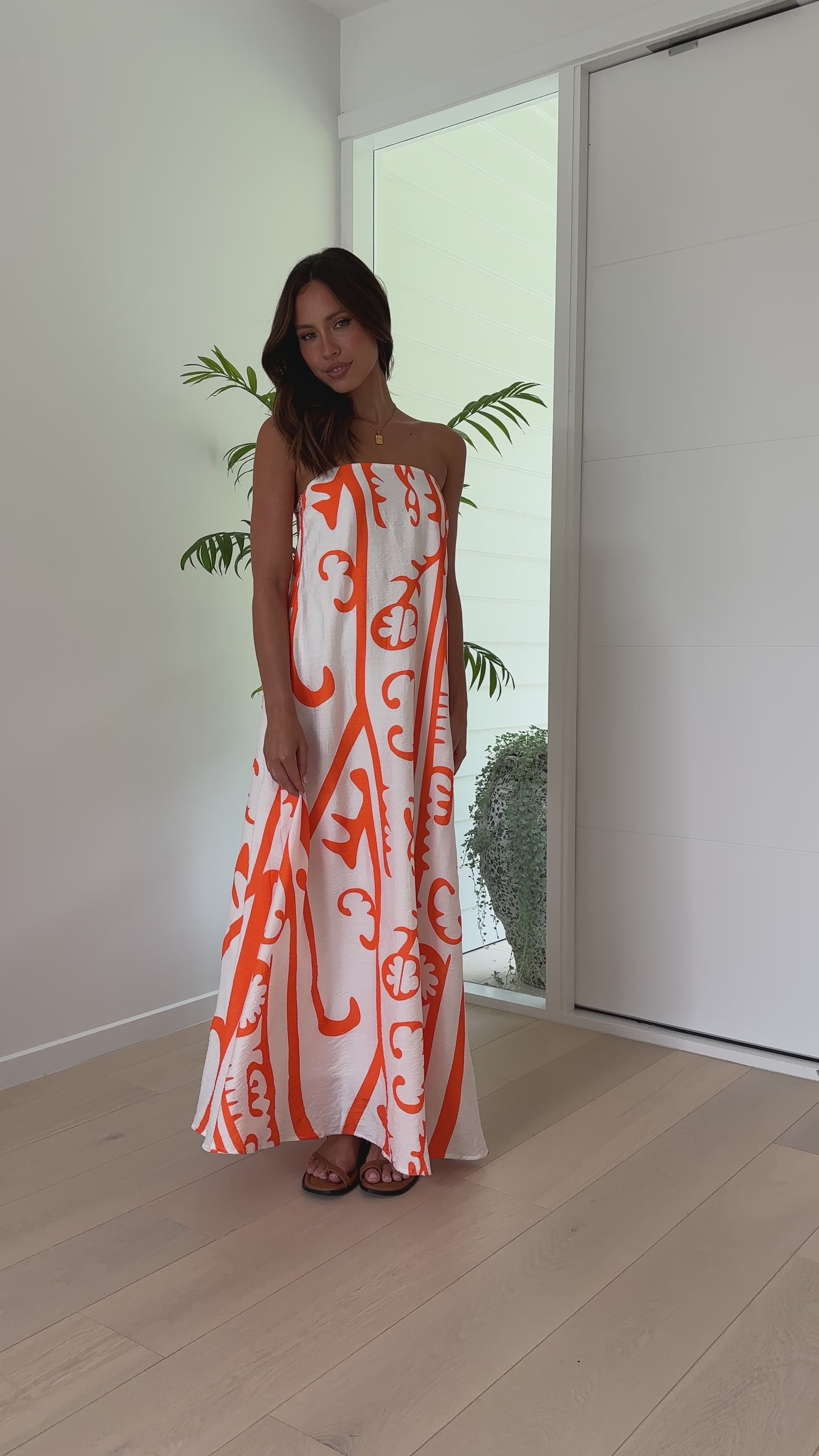 Connie Maxi Dress - White / Orange Tribal
