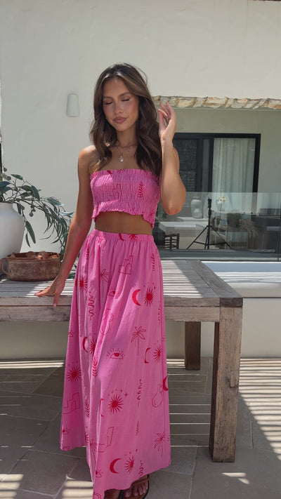 Load and play video in Gallery viewer, Abeba Strapless Top and Midi Skirt Set - Pink / Red Sun Vase
