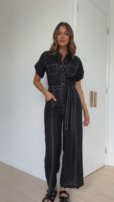 Load and play video in Gallery viewer, Jachin Jumpsuit - Black Contrast Stitch
