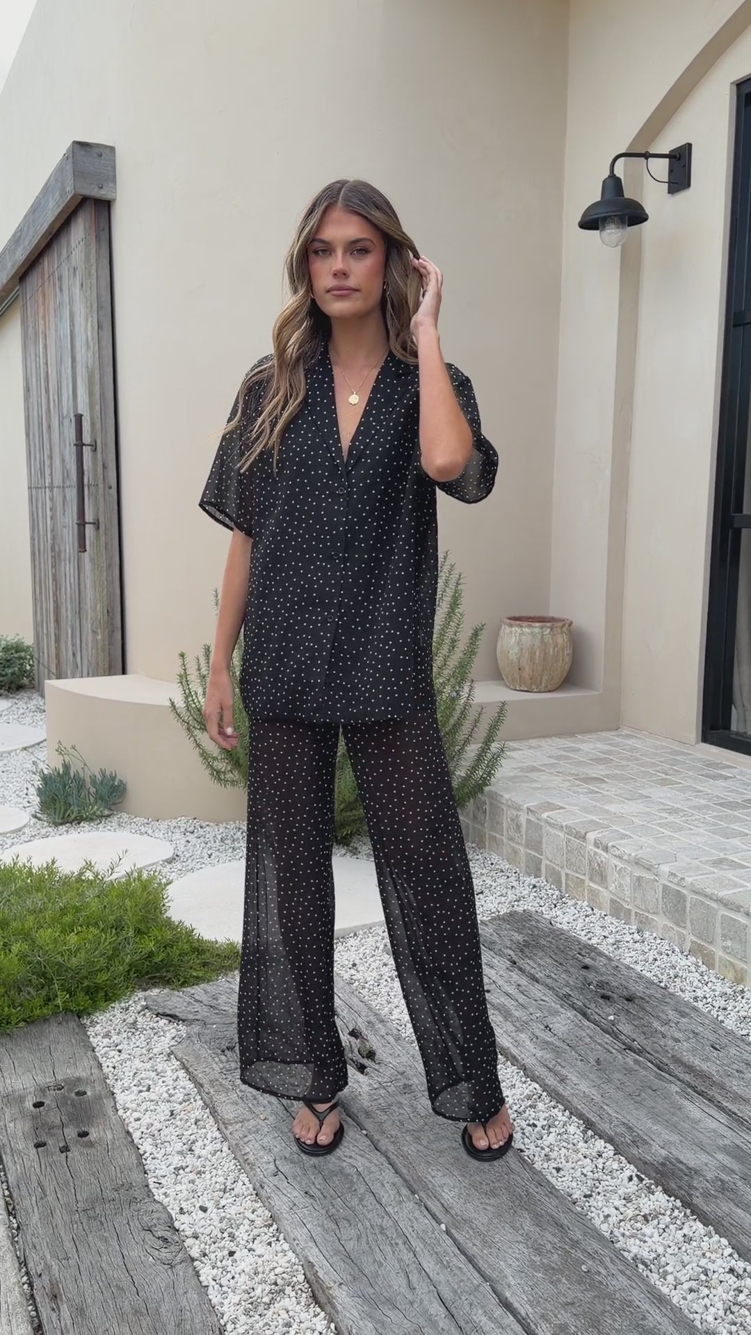 Load video: Ashleigh Sheer Shirt and Pants Set - Black Polka - Billy J