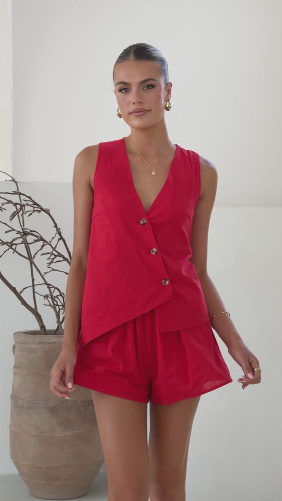 Gallia Asymmetrical Top and Shorts Set - Red - Billy J