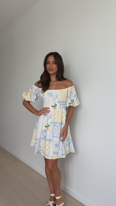 Load and play video in Gallery viewer, Marel Mini Dress - Blue / Yellow Holiday Print
