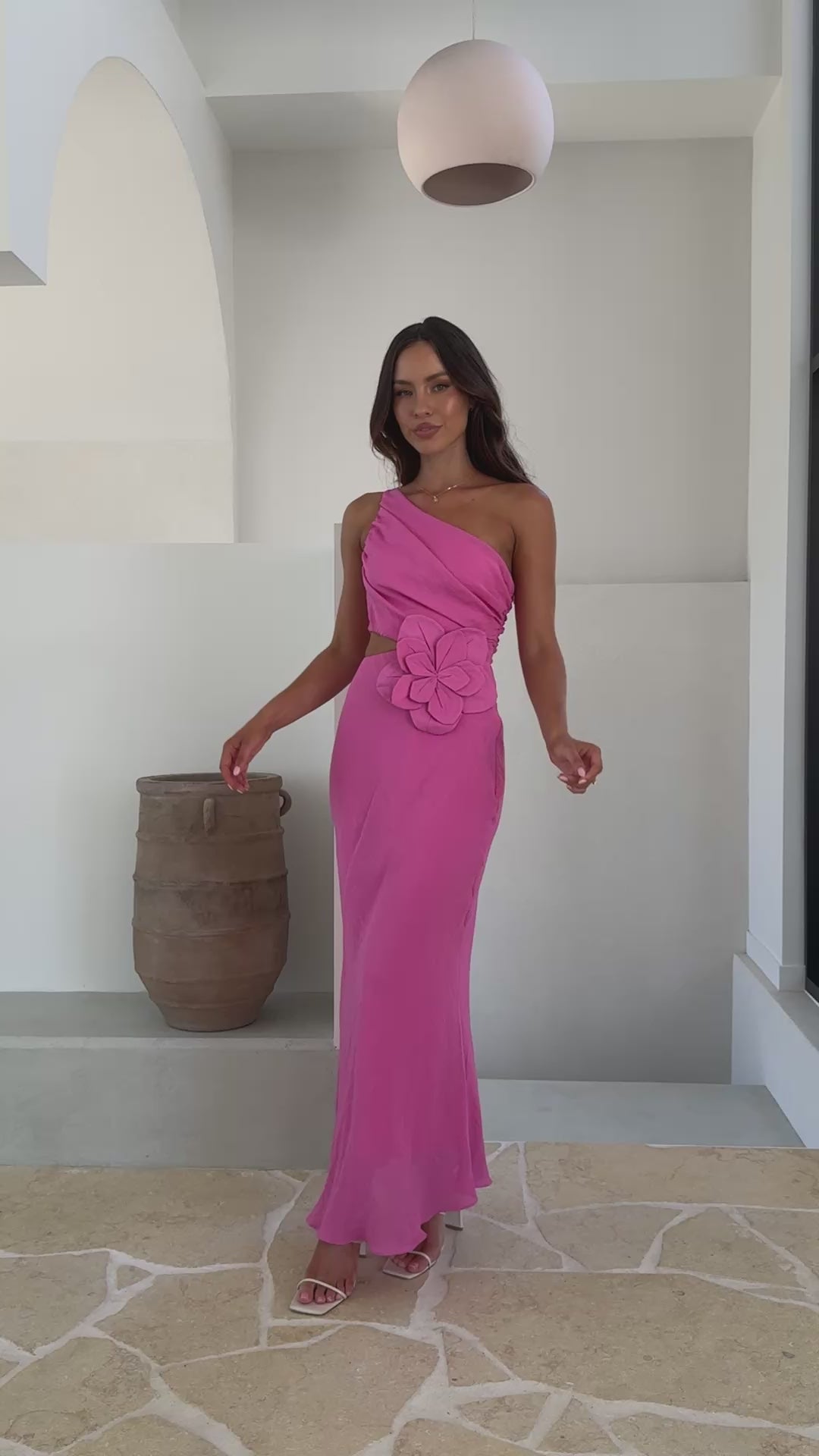 Bloom One Shoulder Cut Out Maxi Dress - Hot Pink - Billy J