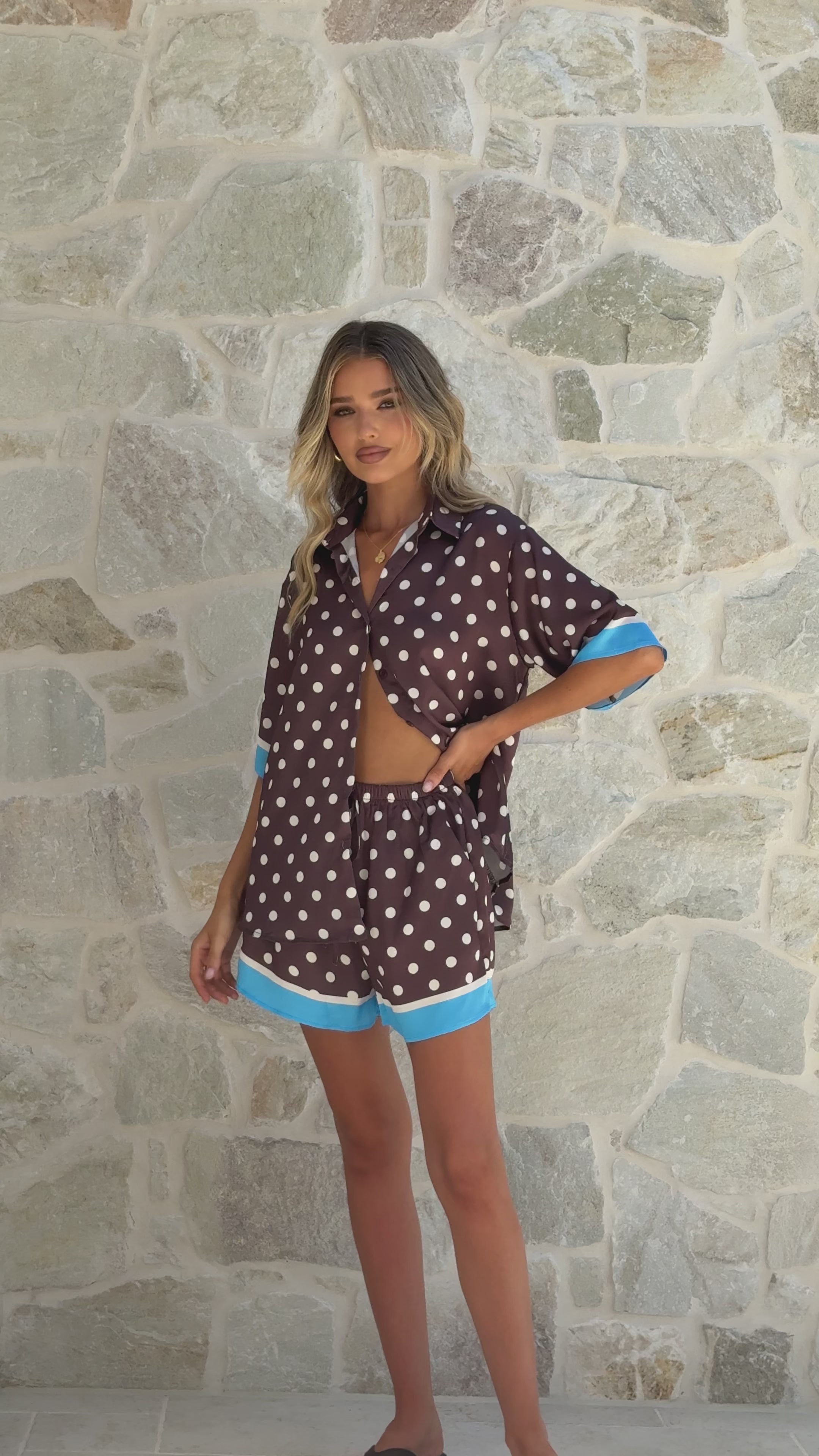 Load video: Ravenna Button Up Shirt and Shorts Set - Brown Polka - Billy J