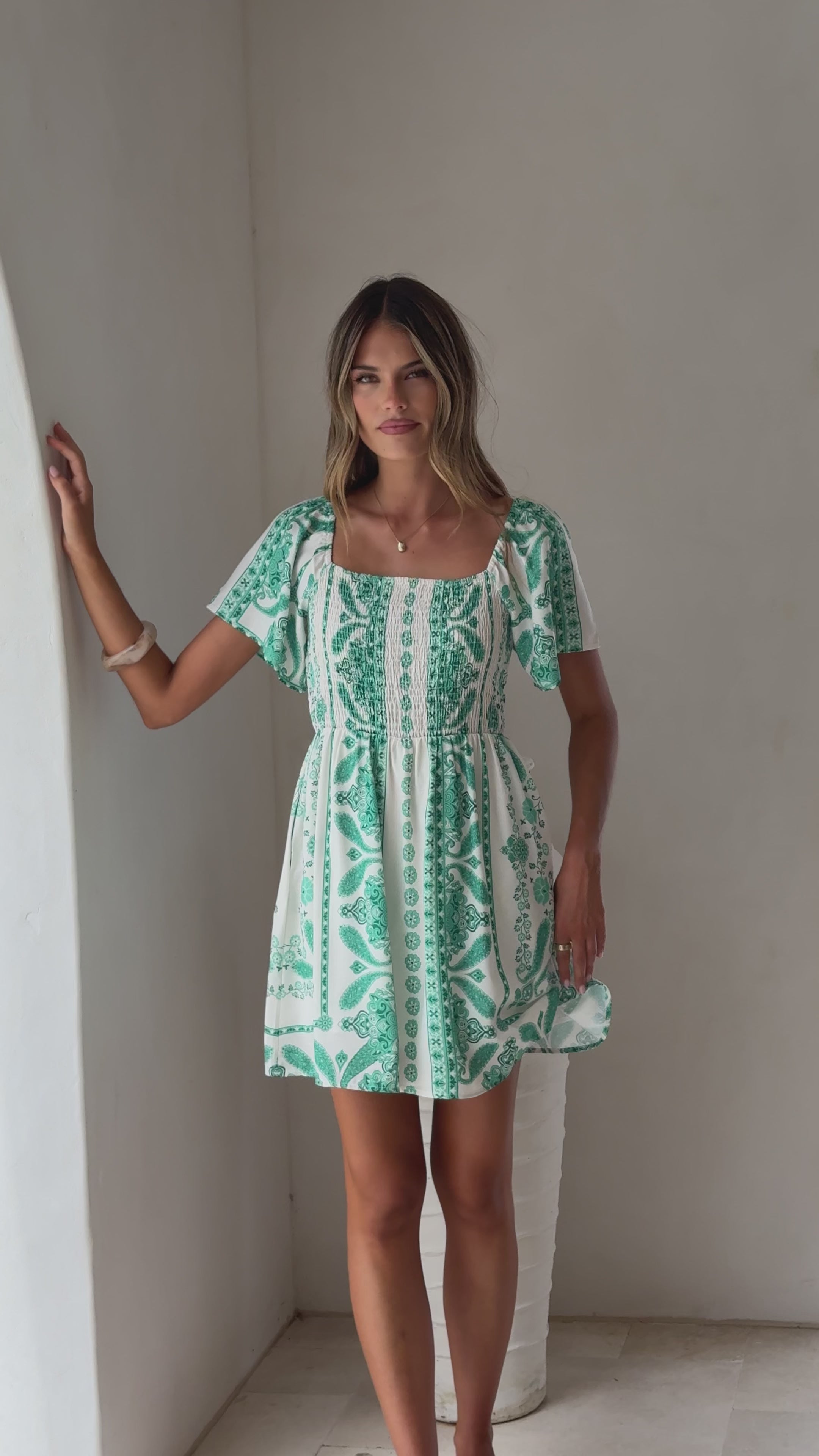 Load video: Farah Mini Dress - Green Aztec - Billy J