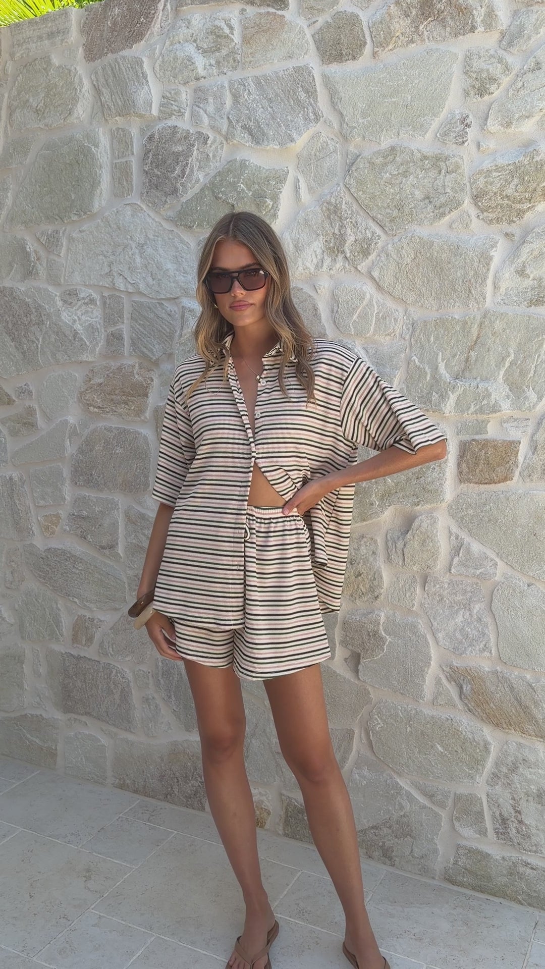 Tali Button Up Shirt and Shorts Set - Beige/Green Stripe - Billy J