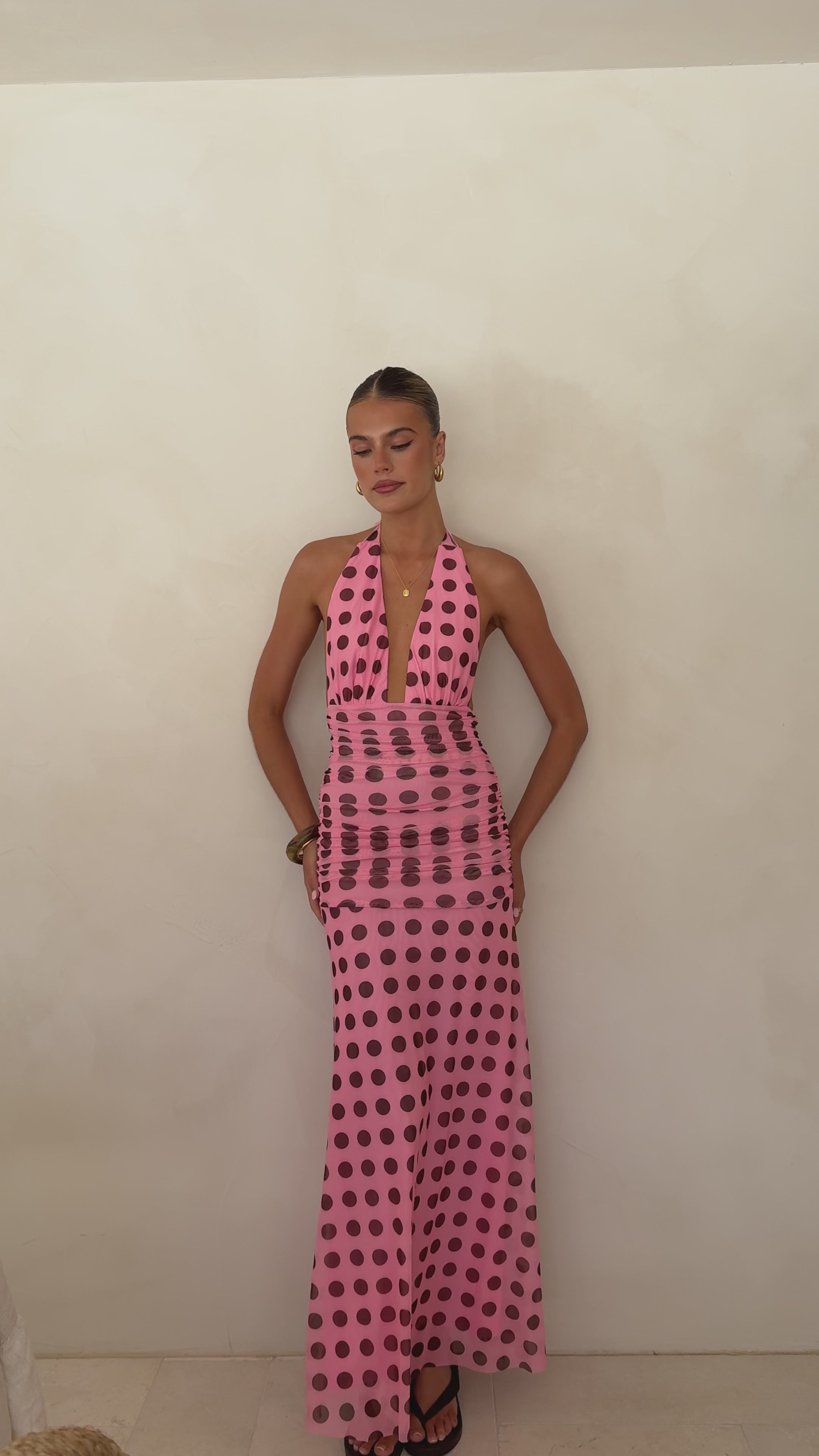 Load video: Kya Maxi Dress - Pink / Brown Polka - Billy J