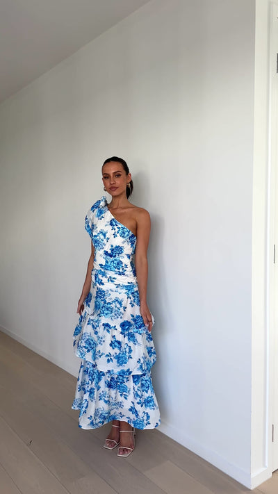 Load and play video in Gallery viewer, Odilie One Shoulder Maxi Dress - Blue Floral
