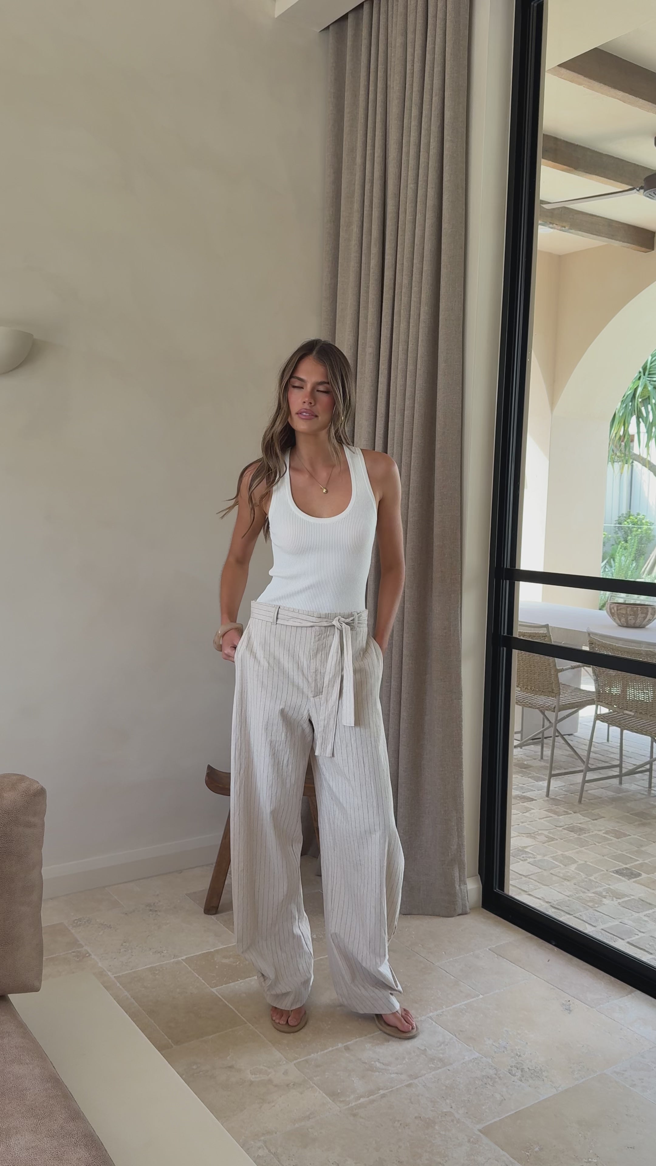 Load video: Audrey Pinstripe Tapered Pant - Stone - Billy J