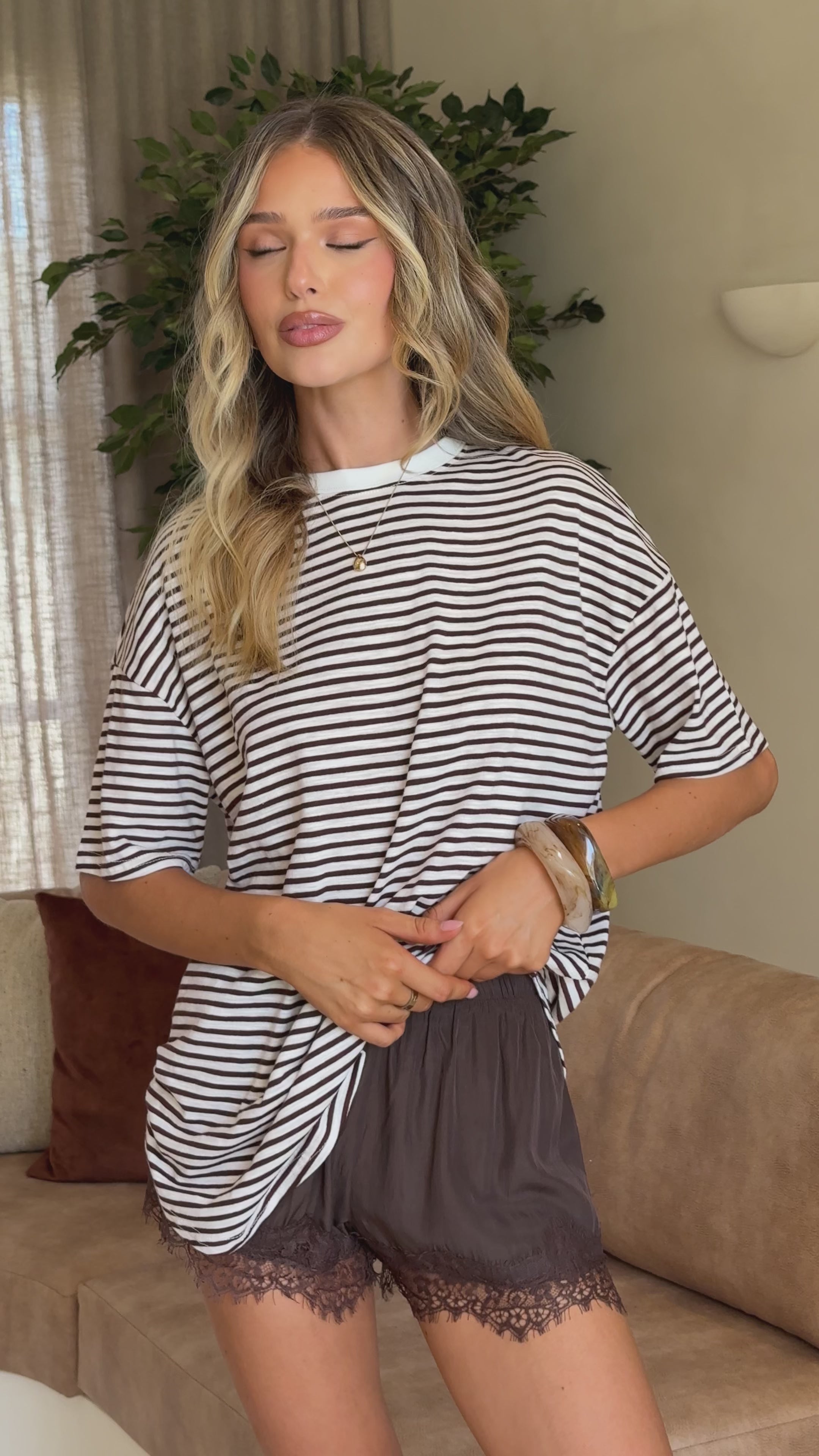 Load video: Zaina Stripe T-Shirt and Micro Lace Shorts - Chocolate/White - Billy J