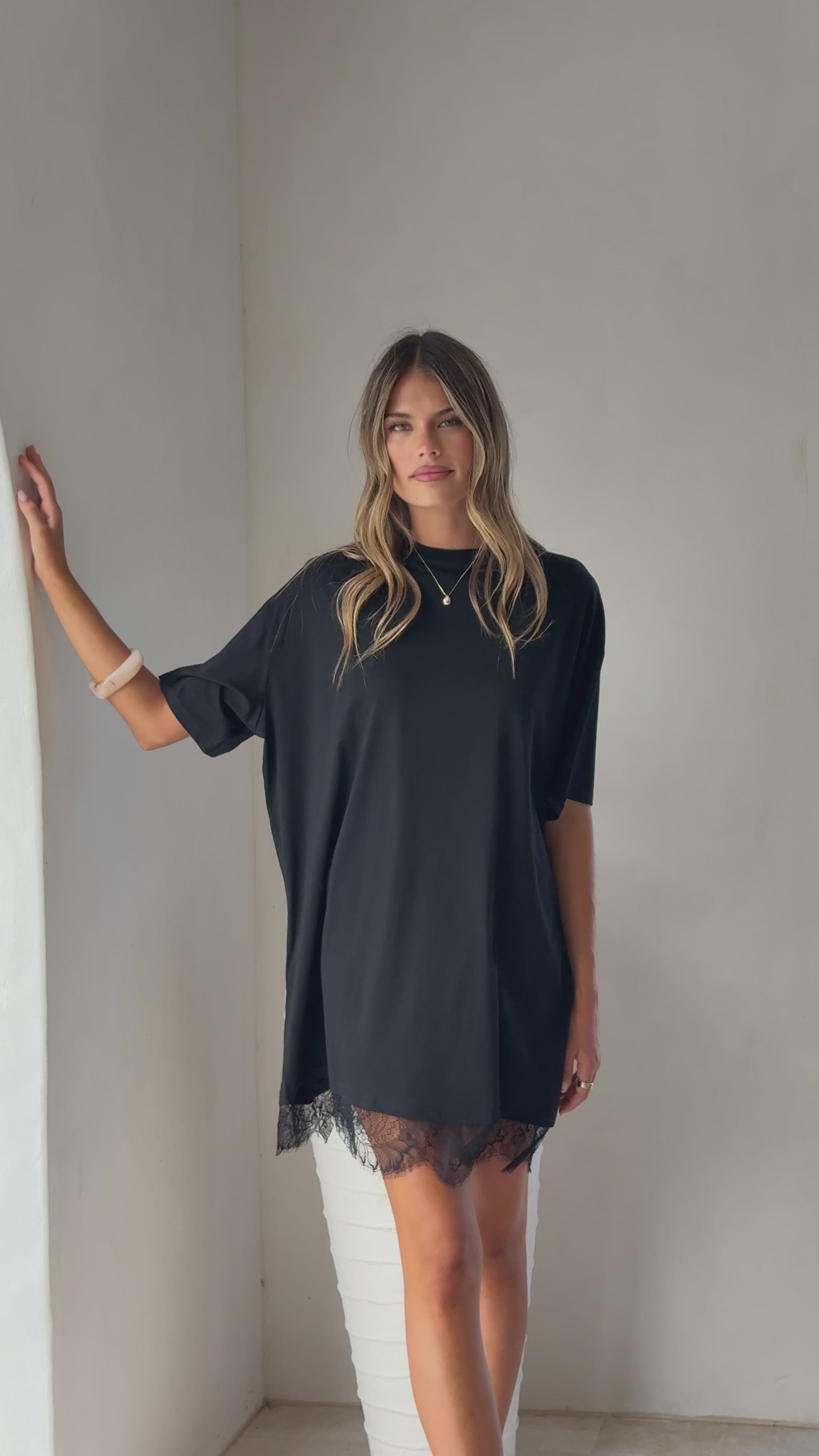 Saya T Shirt Lace Mini Dress - Black - Billy J