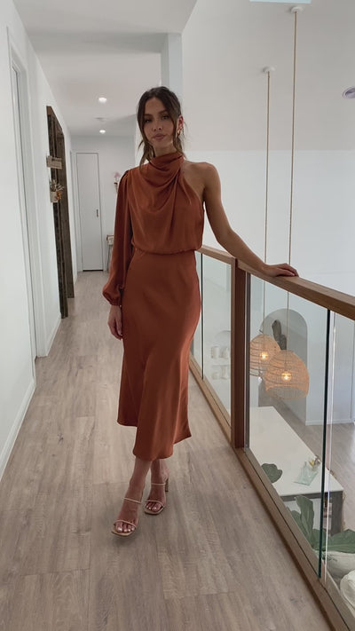 Load and play video in Gallery viewer, Esther One Shoulder Long Sleeve Dress - Copper

