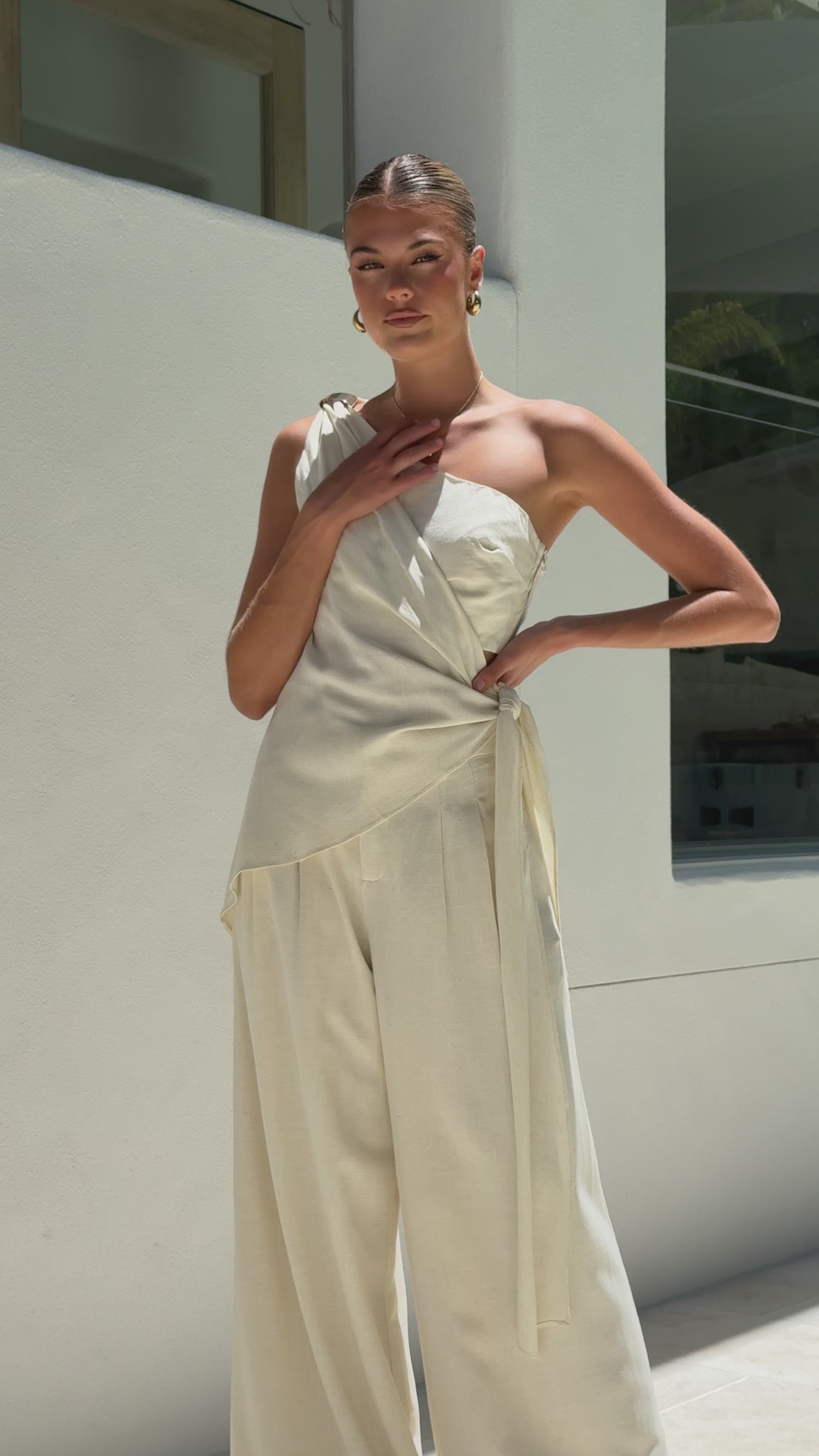 Leela One Shoulder Top and Pants Set - Beige - Billy J