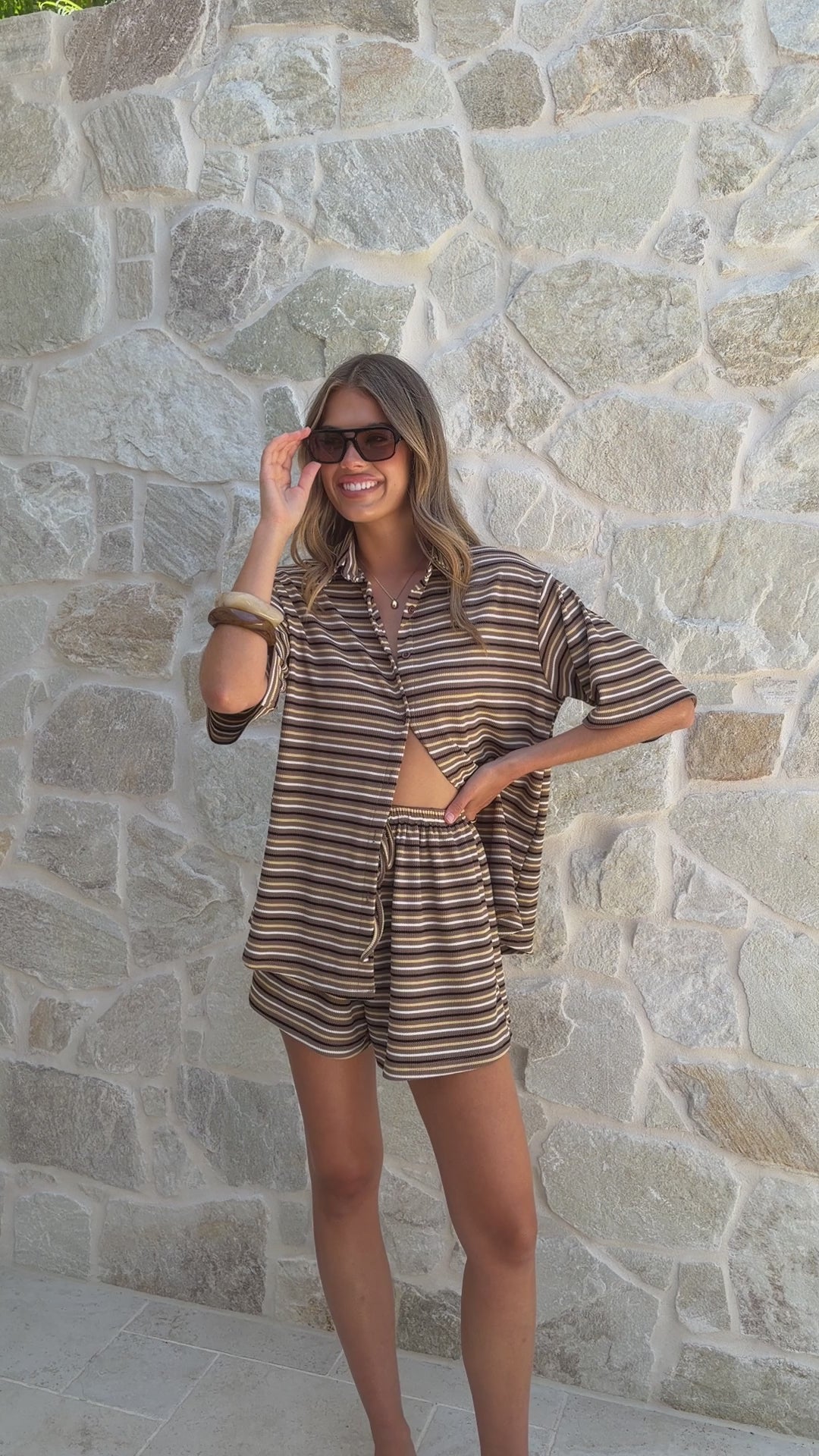 Tali Button Up Shirt and Shorts Set - Mocha/Yellow Stripe - Billy J