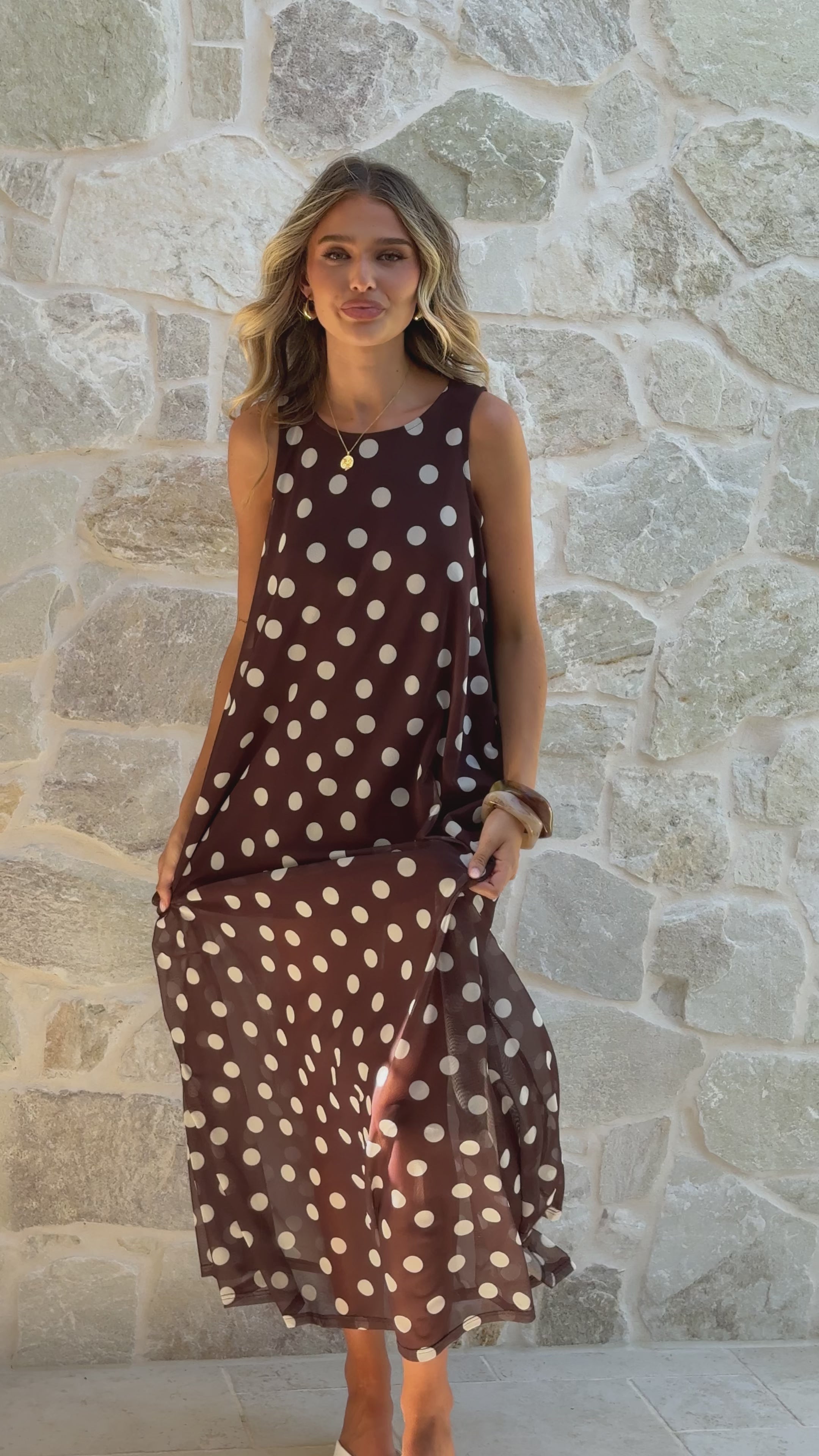 Load video: Amryn Maxi Dress - Choc/White Polka Dot - Billy J
