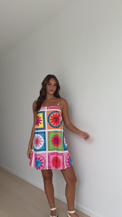 Load and play video in Gallery viewer, Bethani Mini Dress - Multi Colour Sun Print
