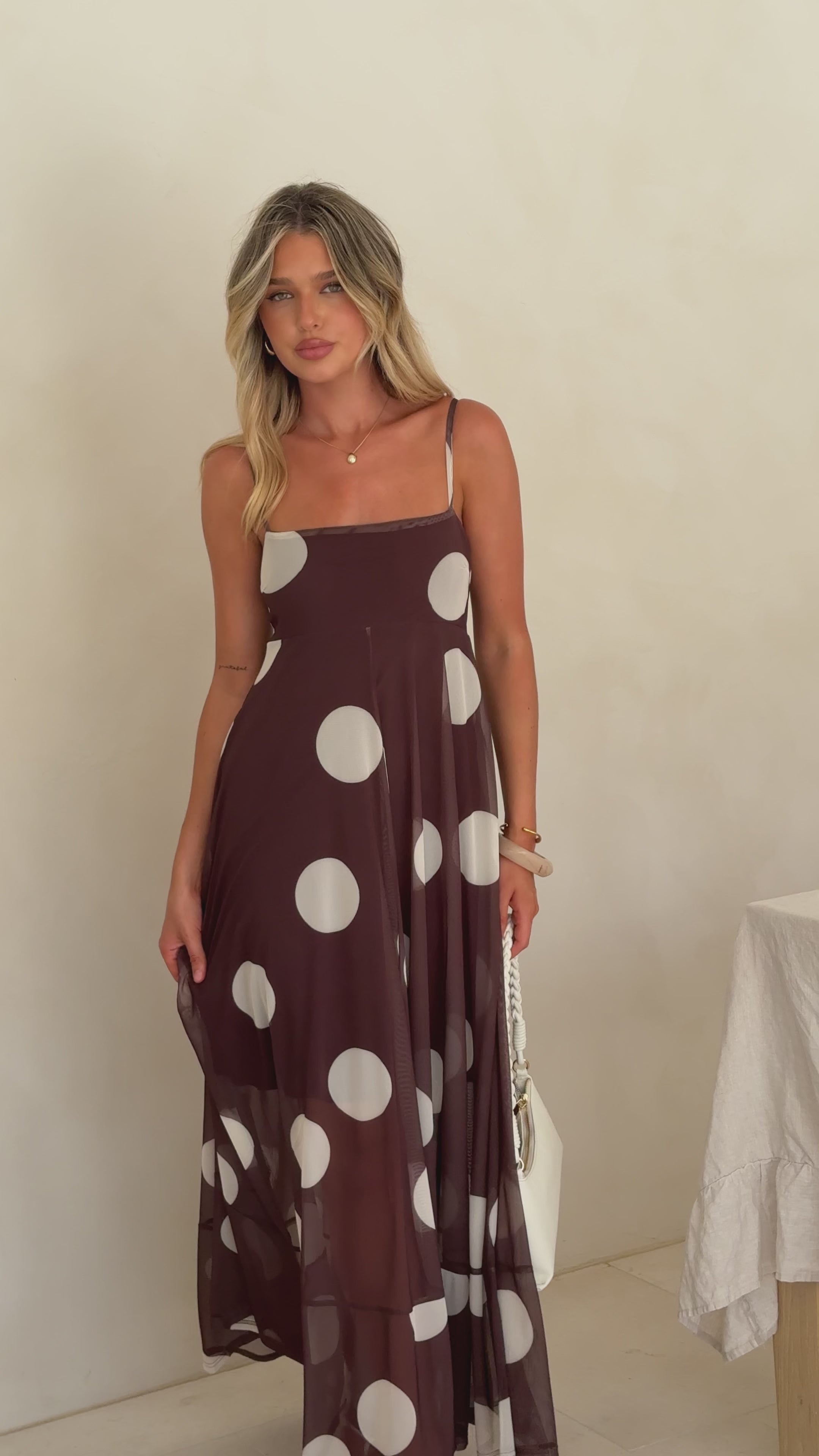 Load video: Melinda Maxi Dress - Chocolate / Cream Spot - Billy J