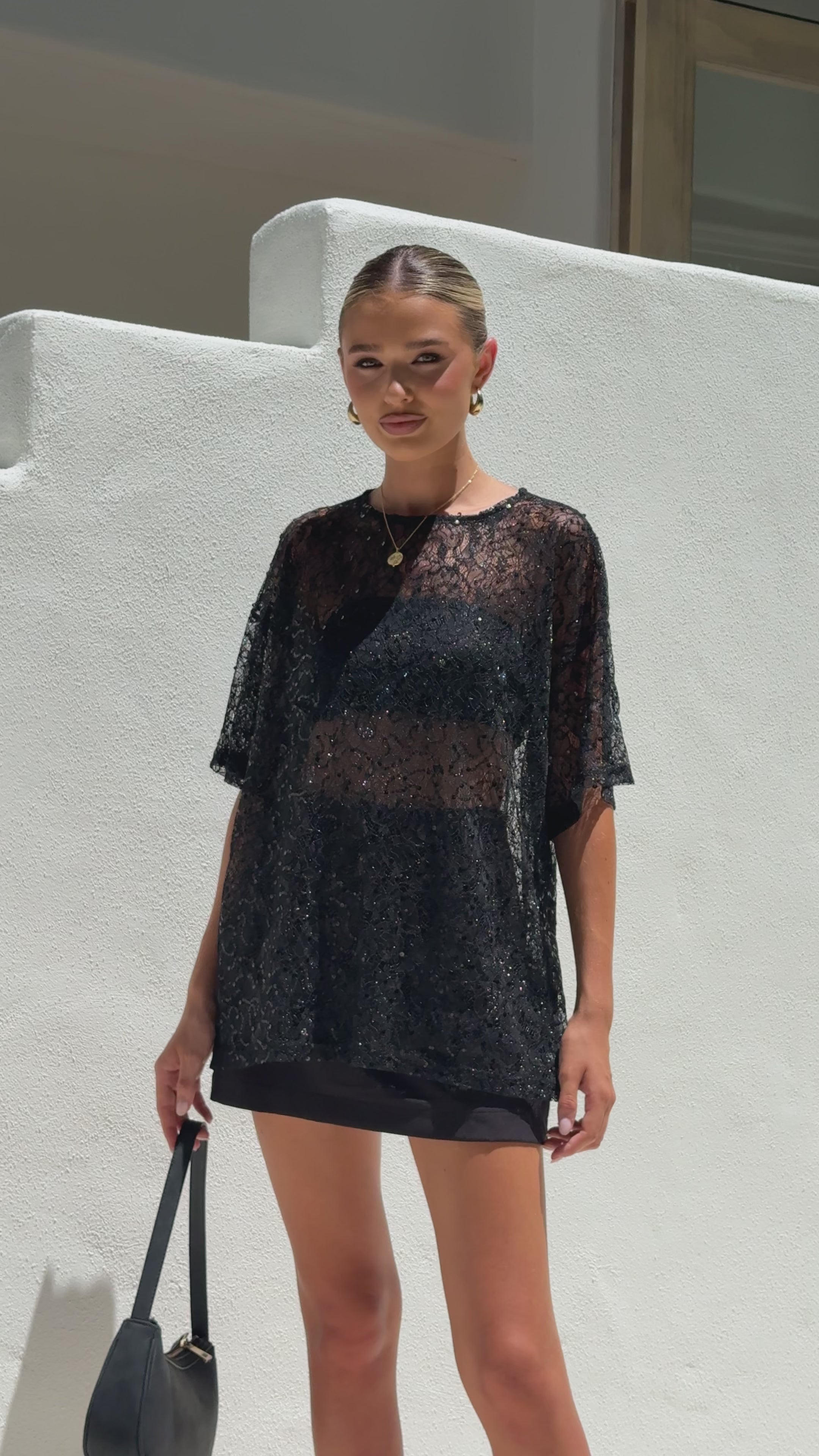 Load video: Zebia Sheer Sequin Lace Top - Black - Billy J