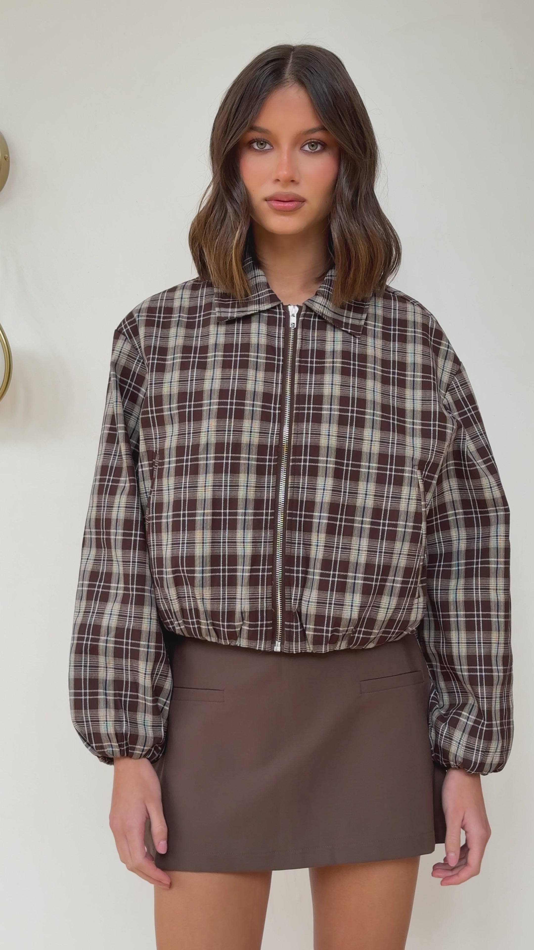 Load video: Brax Bomber Jacket - Choc/Beige Plaid - Billy J