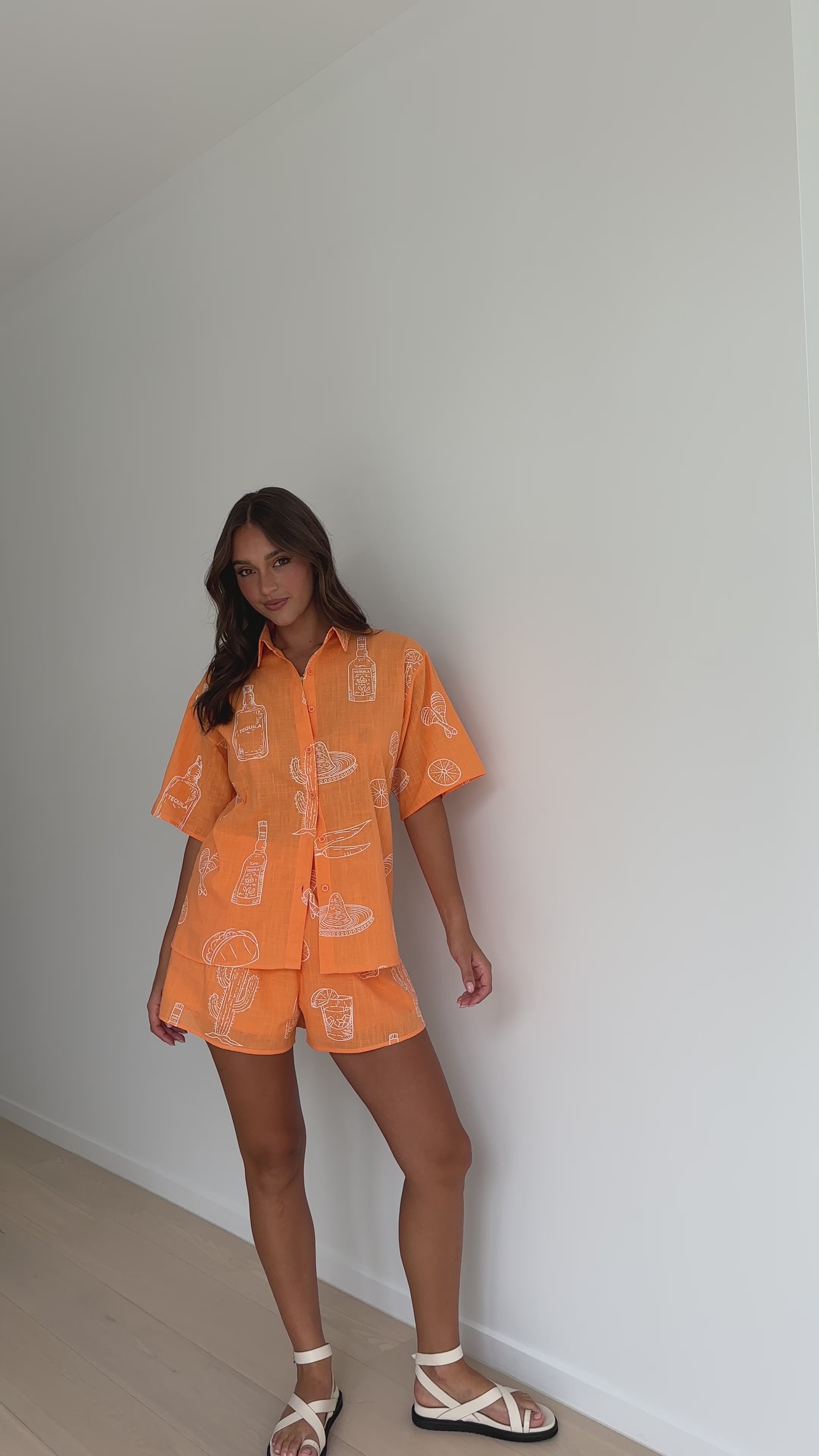 Bobbi Button Up Shirt and Shorts - Orange/White Tequila & Tacos Print