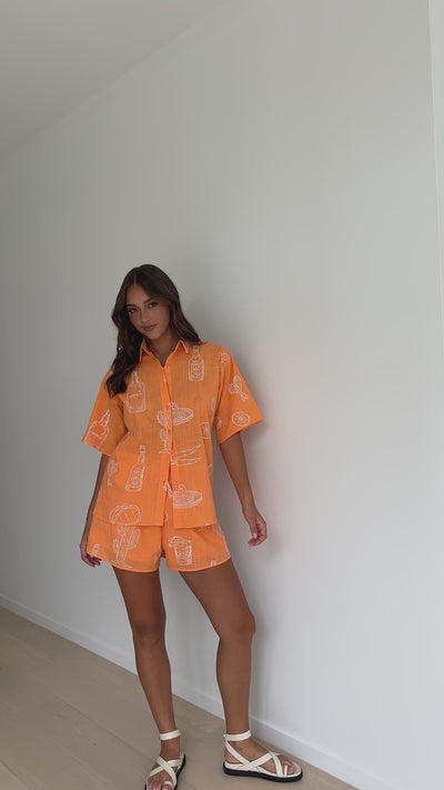 Load and play video in Gallery viewer, Bobbi Button Up Shirt and Shorts - Orange/White Tequila &amp; Tacos Print
