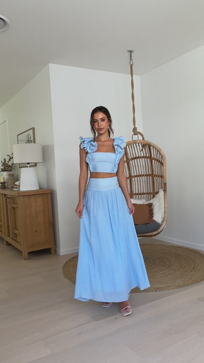 Load and play video in Gallery viewer, Cachet Top and Midi Skirt Sets - Light Blue
