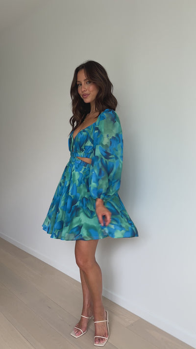 Load and play video in Gallery viewer, Xarissa Mini Dress - Blue / Green Print
