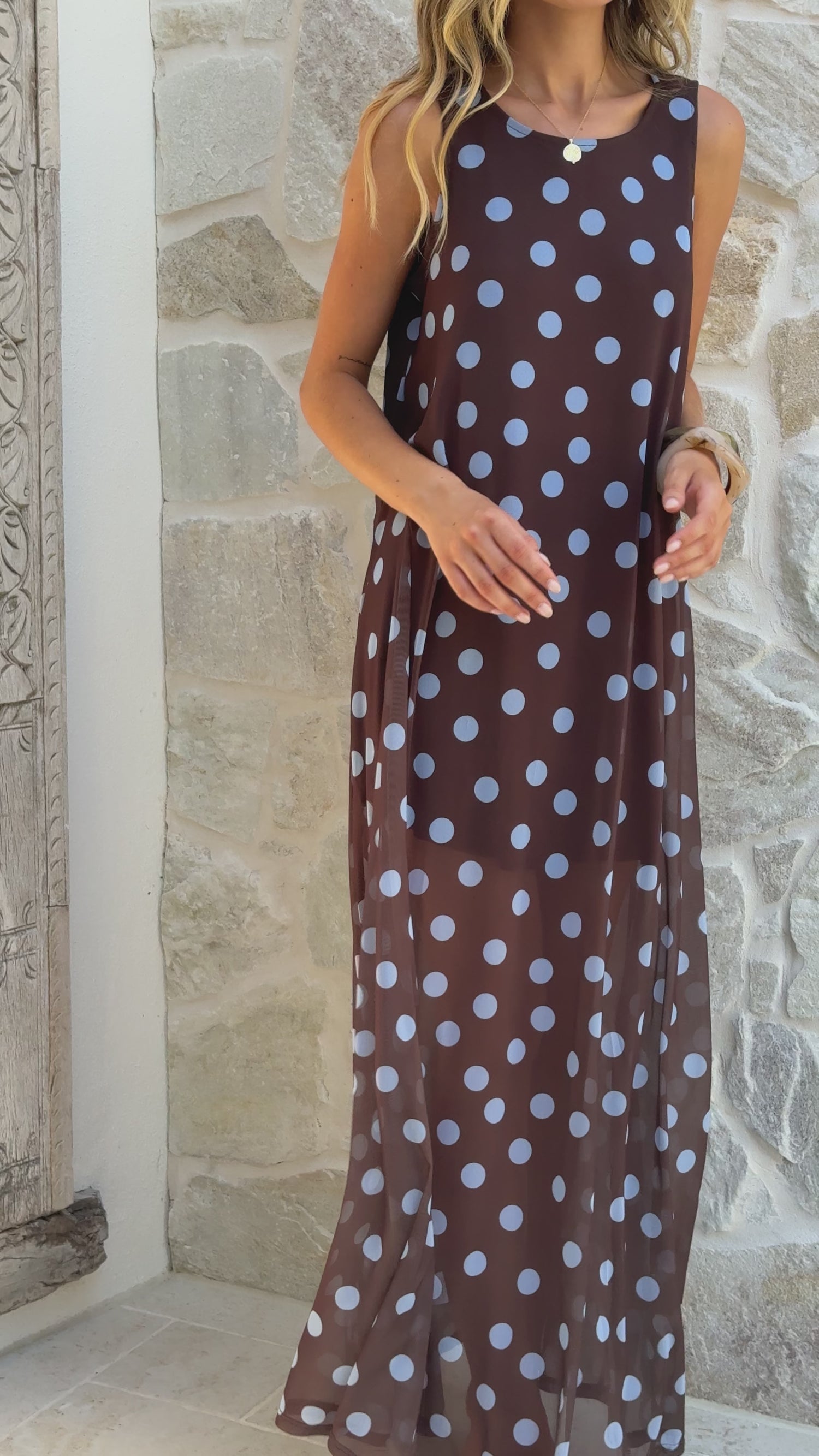 Amryn Maxi Dress - Choc/Blue Polka Dot - Billy J