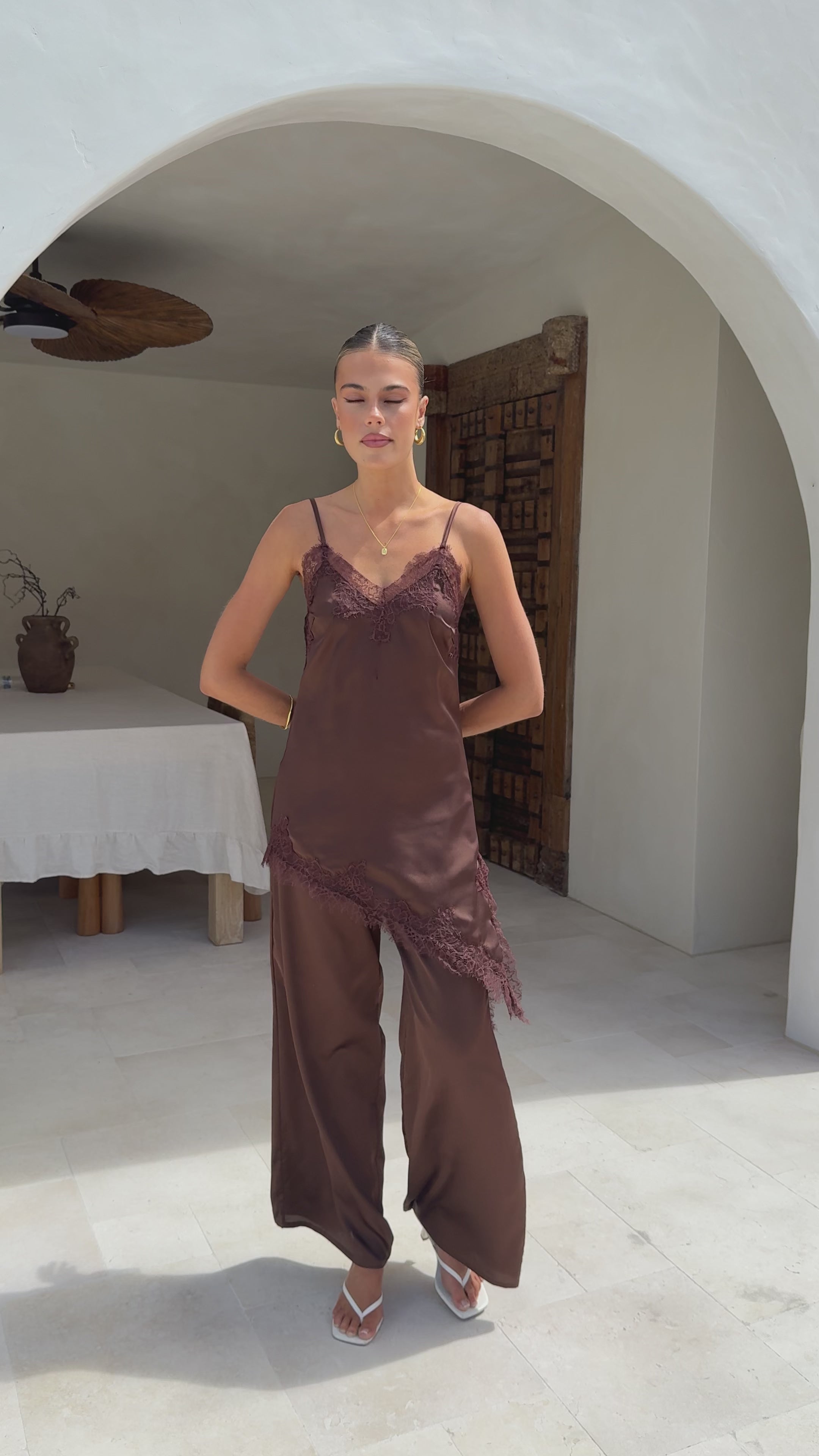 Load video: Hayleigh Asymmetrical Top and Pants Set - Chocolate/Lace - Billy J