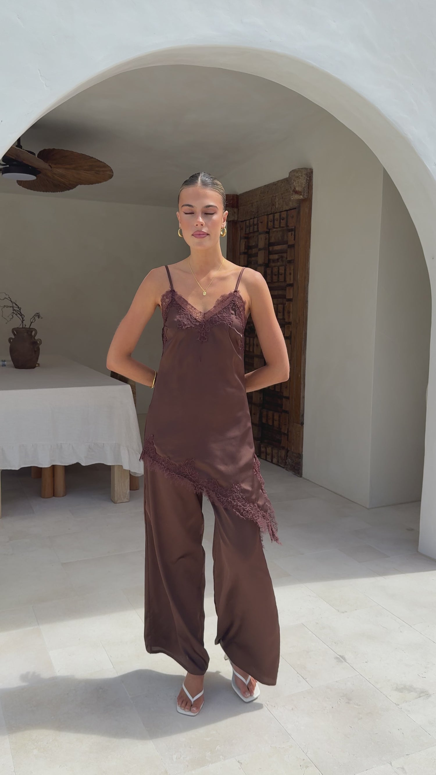 Hayleigh Asymmetrical Top and Pants Set - Chocolate/Lace - Billy J