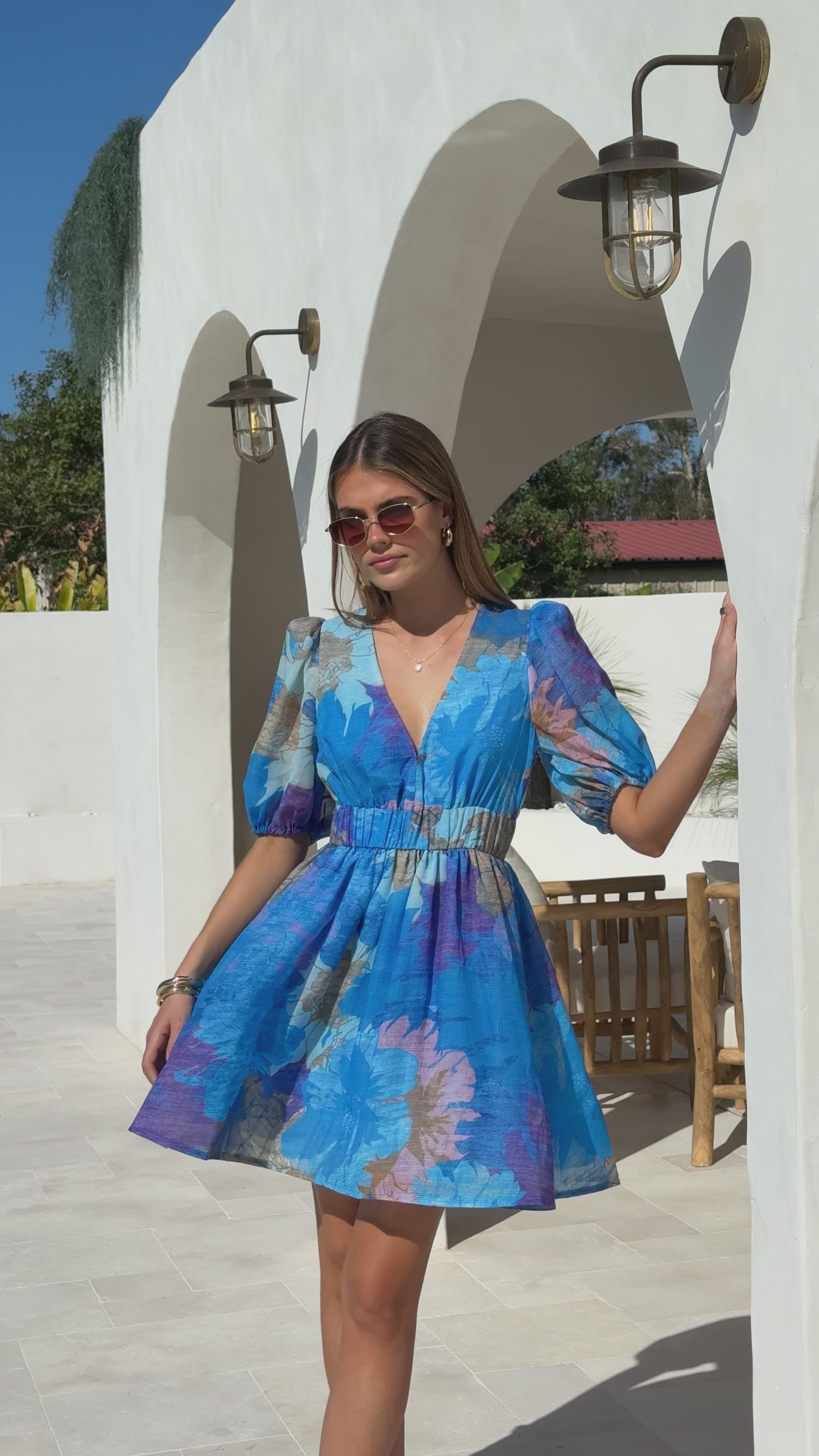 Load video: Abel Mini Dress - Blue Floral - Billy J
