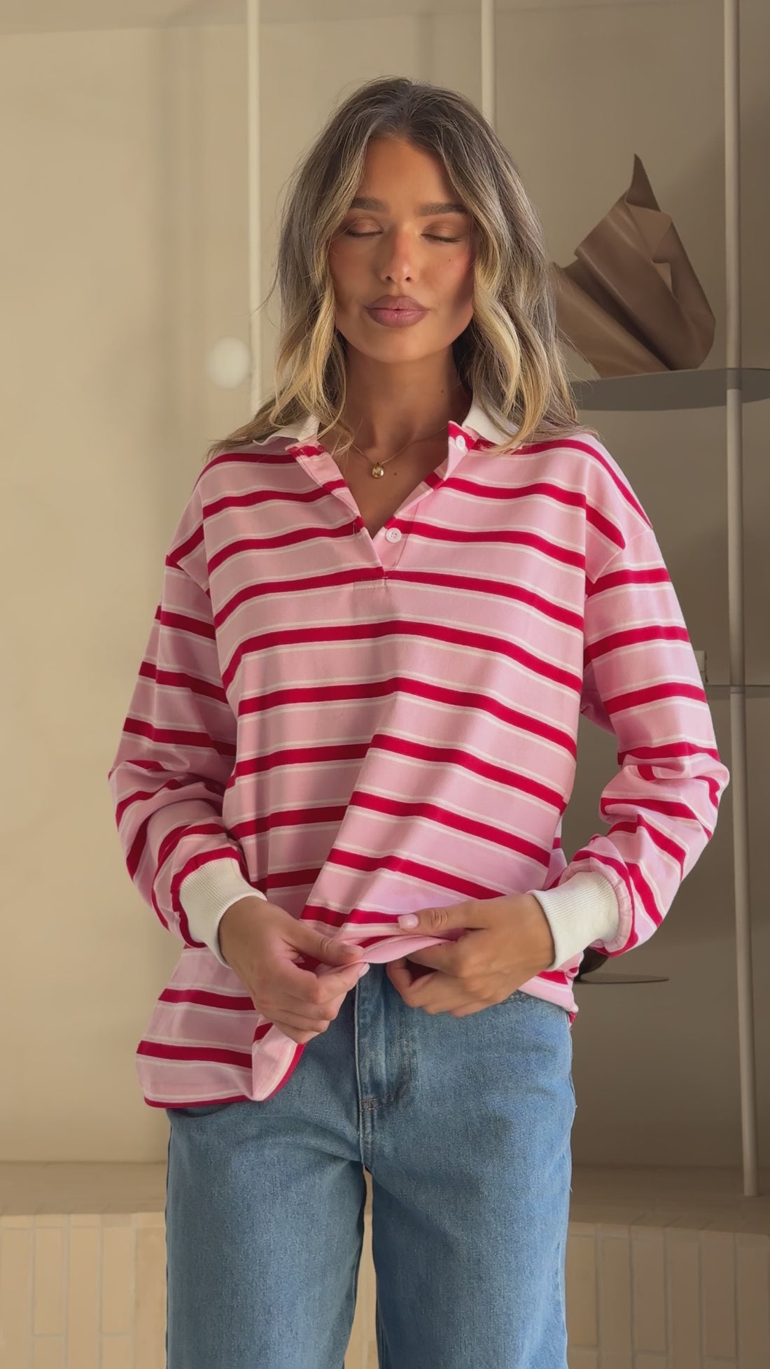Jayana Collared Jersey Top - Red/Pink Stripe - Billy J