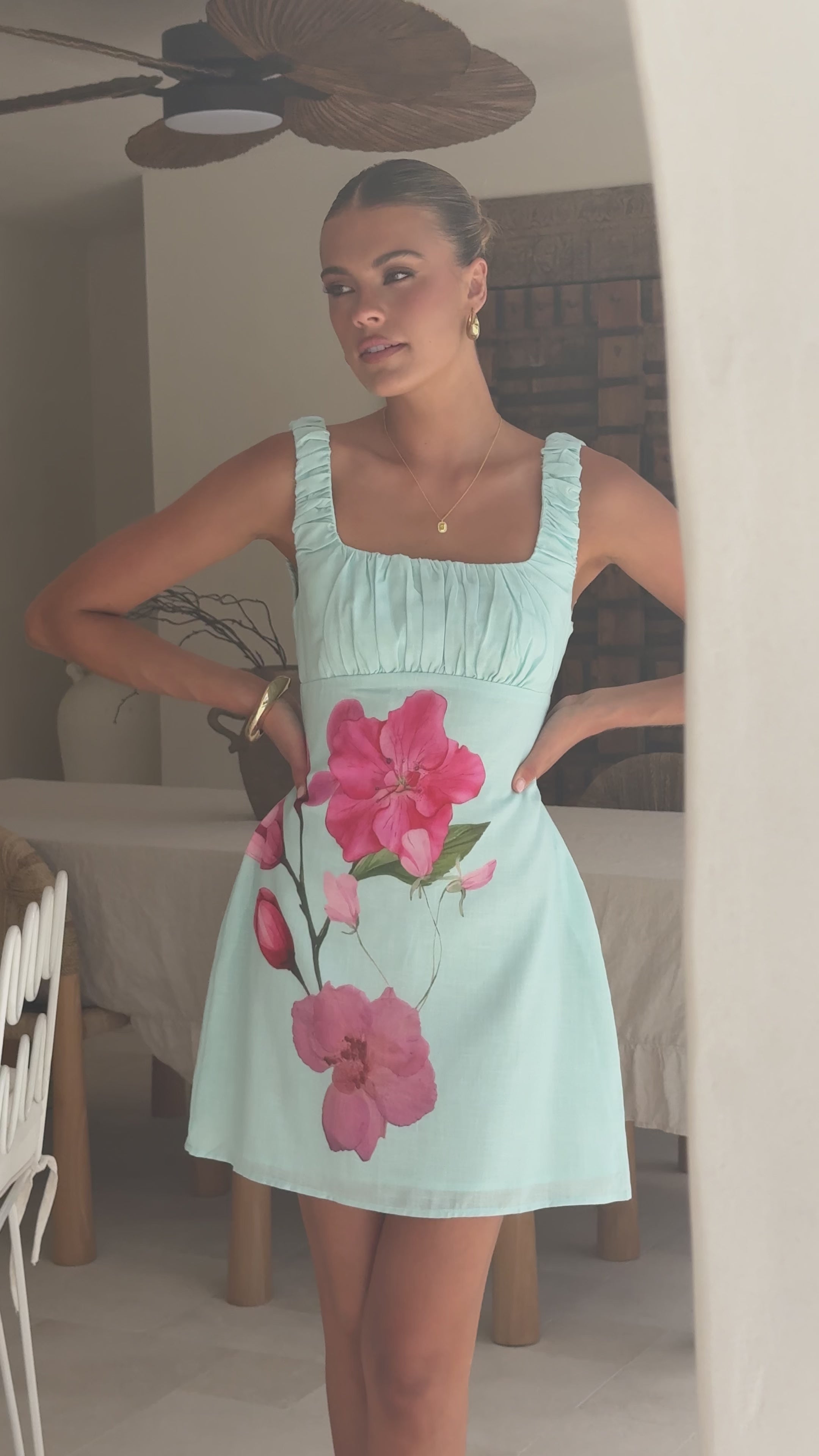 Load video: Adley Mini Dress - Blue/Pink Floral - Billy J