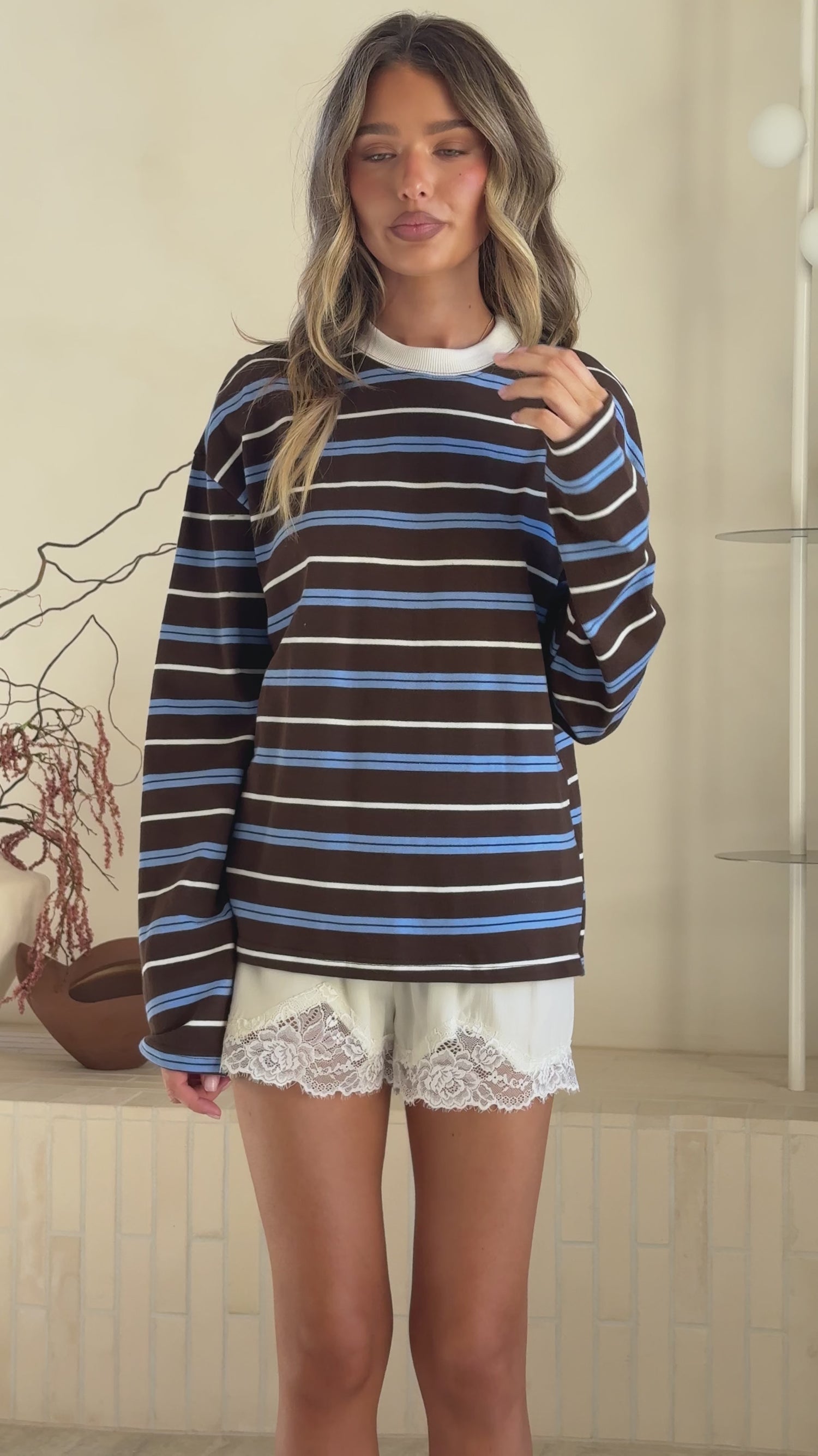 Raya Long Sleeve Top - Blue/Brown Stripe - Billy J