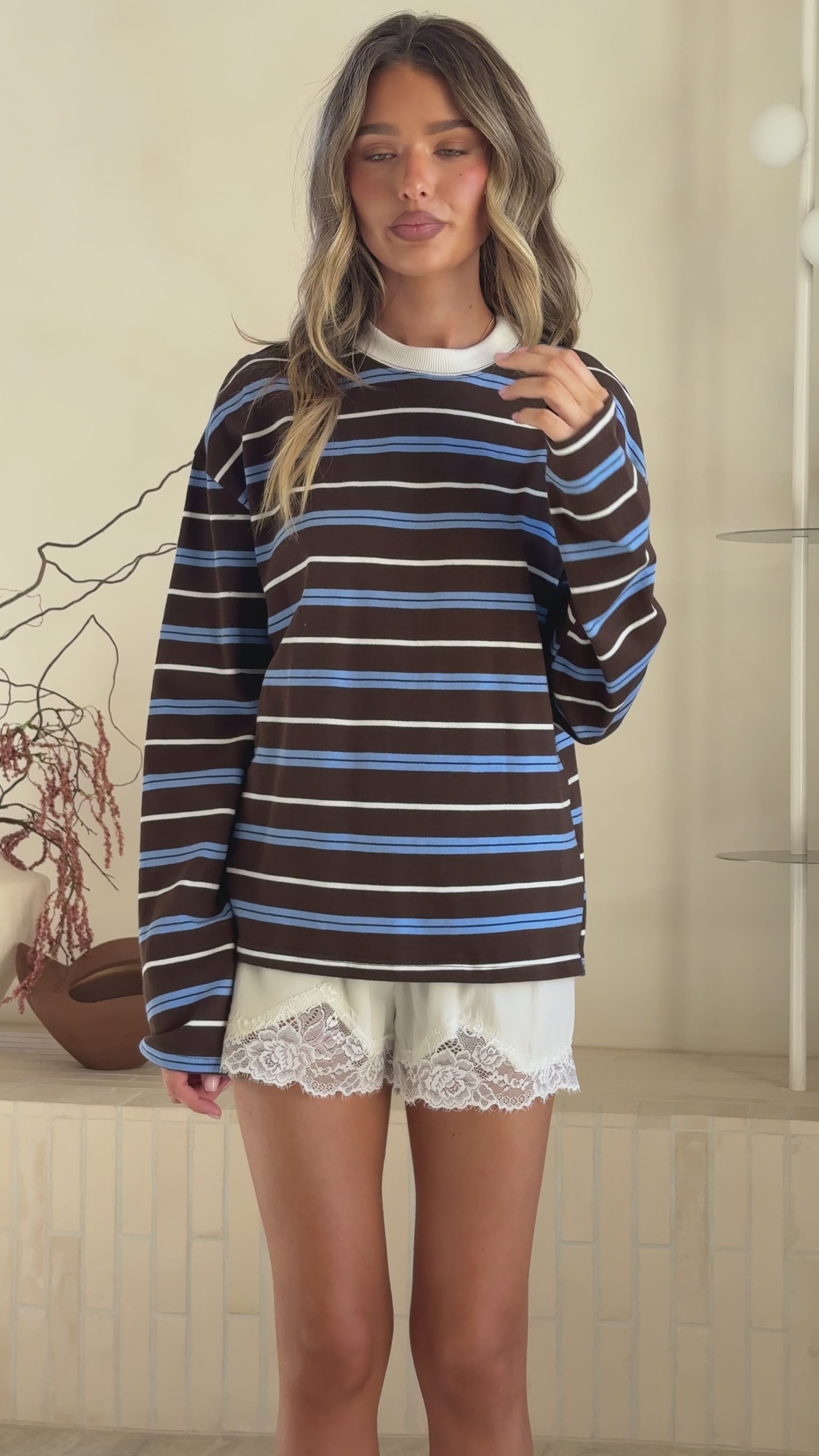 Raya Long Sleeve Top - Blue/Brown Stripe - Billy J