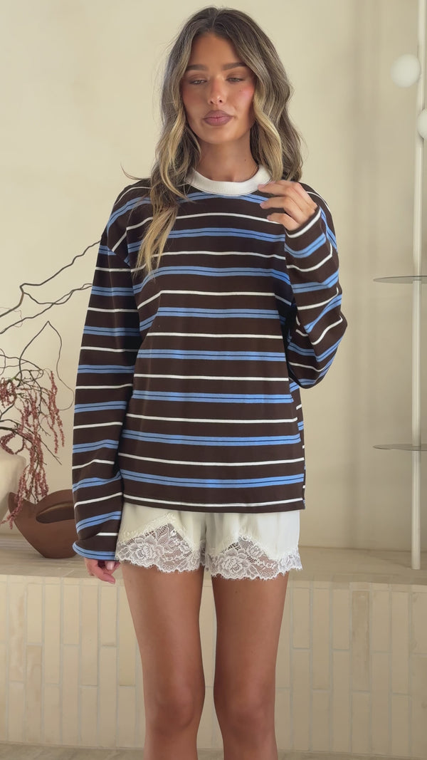 Raya Long Sleeve Top - Blue/Brown Stripe - Billy J