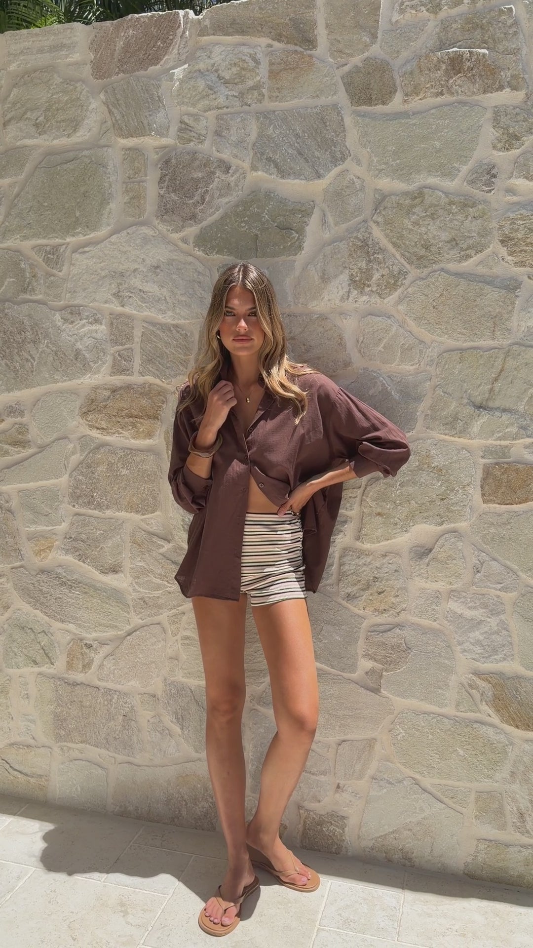 Ferne Long Sleeve Shirt and Shorts Set - Brown/Beige - Billy J