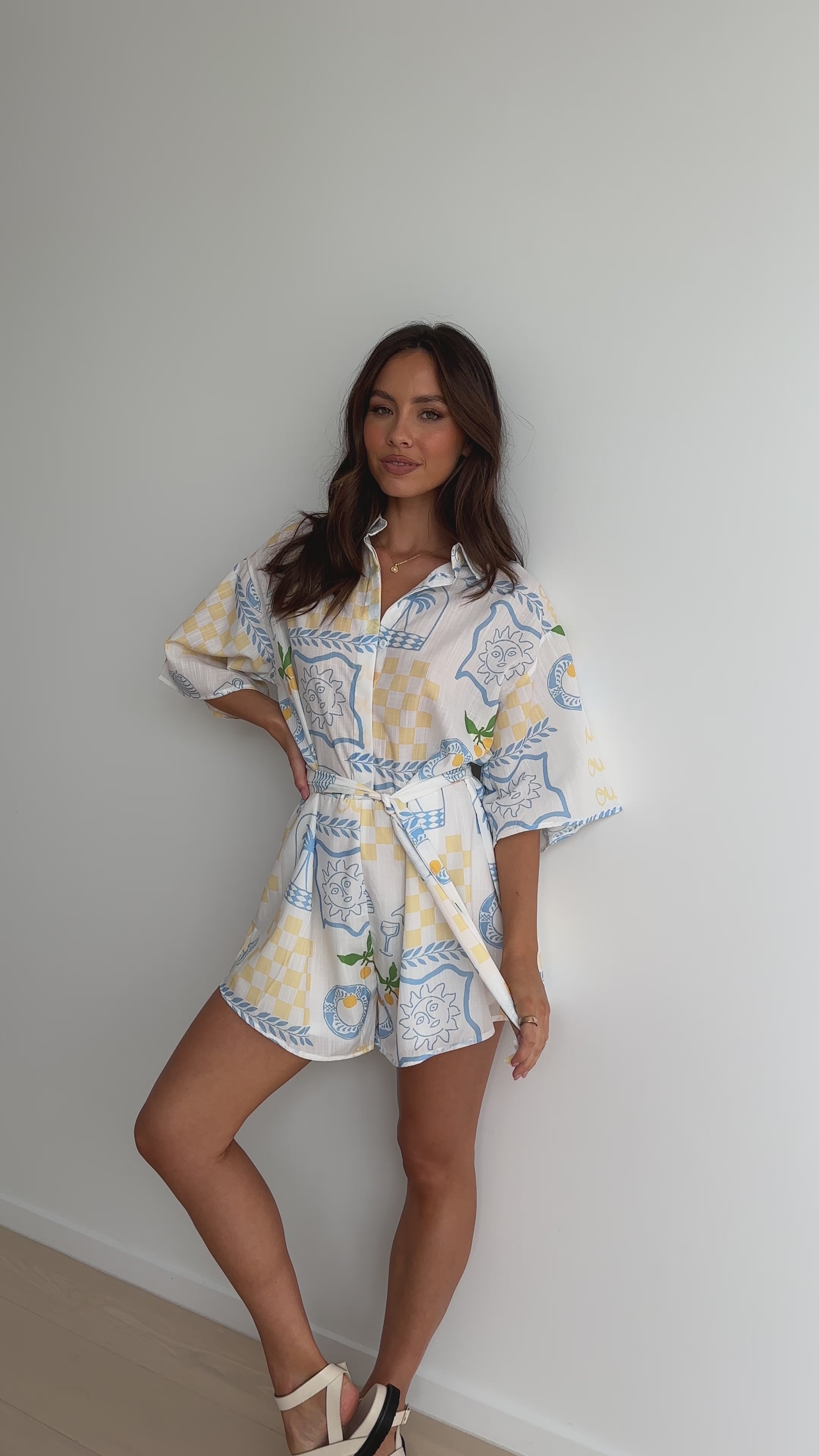 Margie Playsuit - Blue / Yellow Holiday Print